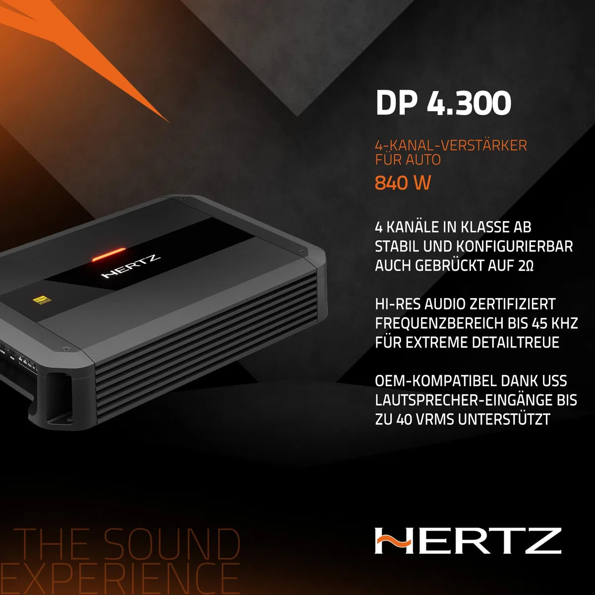 Hertz Dieci Power DP 4.300 – 4-Kanal Auto-Verstärker in Class AB, 4x105W an 2 Ohm, entwickelt für Audiosysteme mit hoher Dynamik – HI-Res Audio