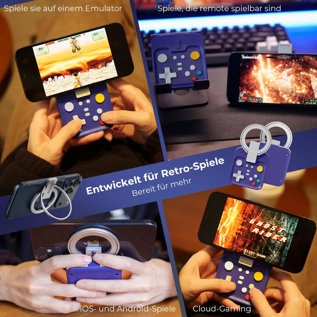 abxylute M4 Snap-On Mobile Gaming Controller für Android & iPhone, tragbarer Handy-Controller, Retro-Emulator-Gamepad mit Ständer, Dual-Joystick-Turbo, Magnet (blue)