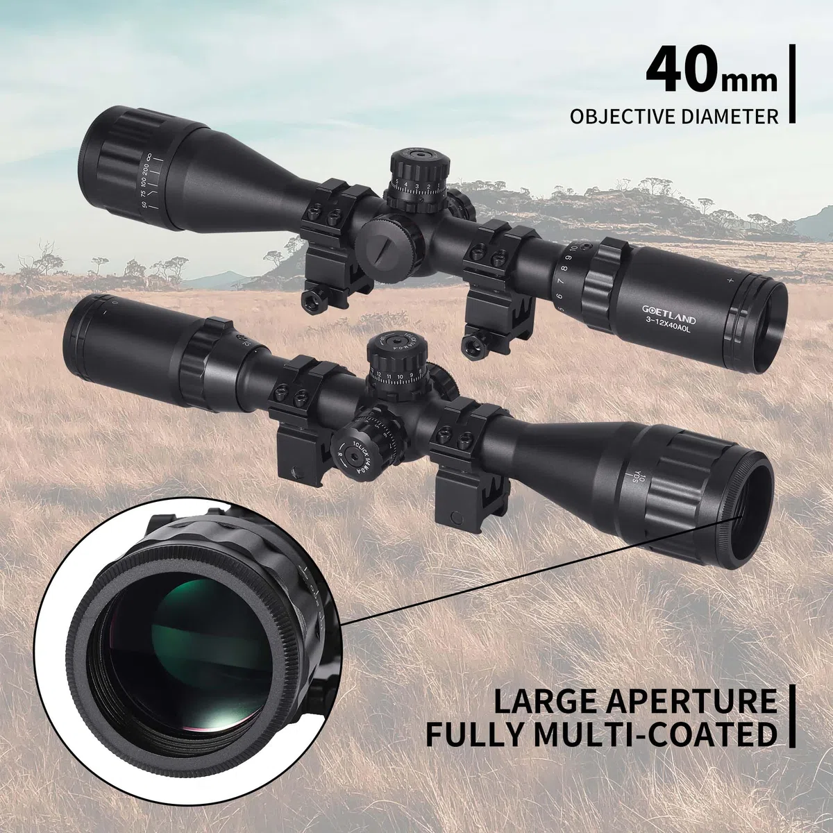 Goetland Gewehr Zielfernrohr 3-12x40 AO Airsoft Rot Grün Fadenkreuz mit Montage Ringe SFP für Taktische Jagd Armbrust Luftgewehr Sportschützen