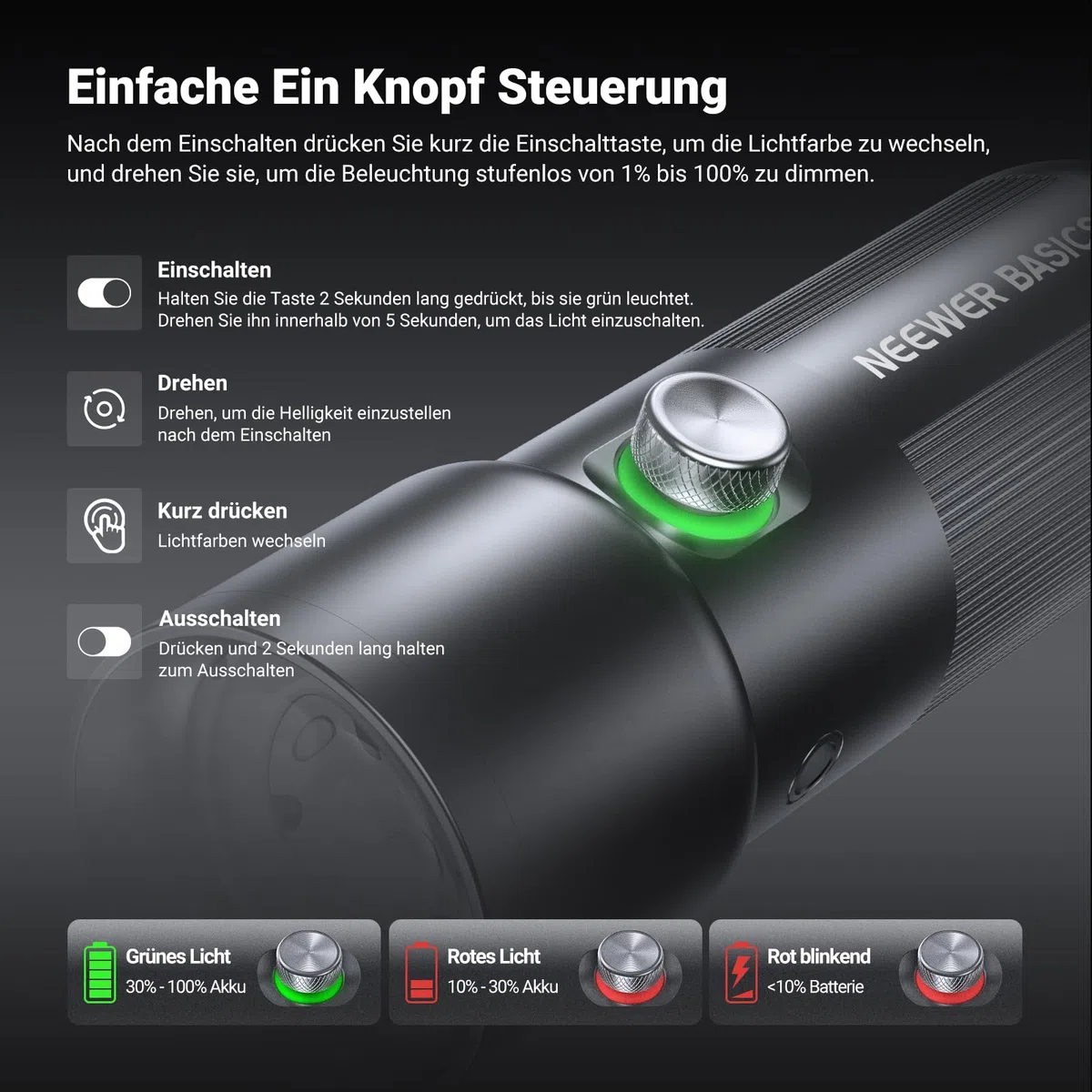 NEEWER Basics Taschenlampe für Fotografie, FL10 RGB LED Spotlight, 10W 6300K gemustertes Umgebungslicht aus Aluminium, 7500mAh/4 Farben/20 GOBO Filter/CRI95+, USB Sunset Video Fülllicht für Fotostudio