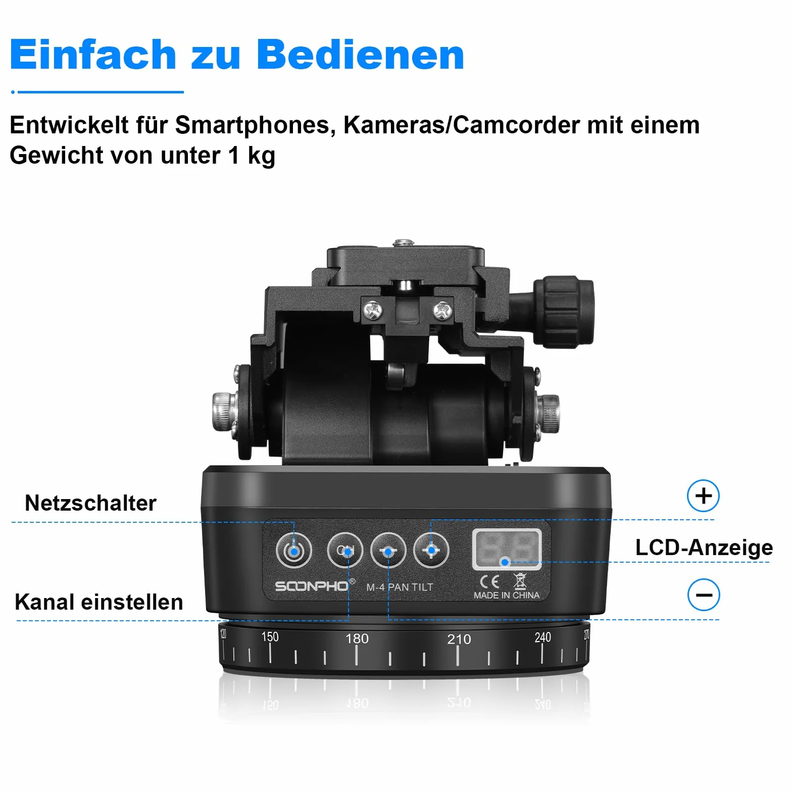 Soonpho M4 Panorama Stativkopf Motorisierter Kopf Kameras Remote Control Pan Tilt Motorized Head 360 Grad Erehbarer Elektrischer mit Telefonklemme und Fernbedienung für DSLR-Kameras,Smartphones