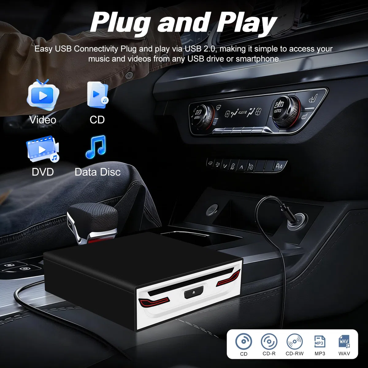NHOPEEW Externer USB-CD-/DVD-Player für Auto, Laptop und Smart-TV – Plug & Play USB 2.0, Stoßschutz, kompatibel mit Android-Tablets, inklusive USB-Kabel und Halterung