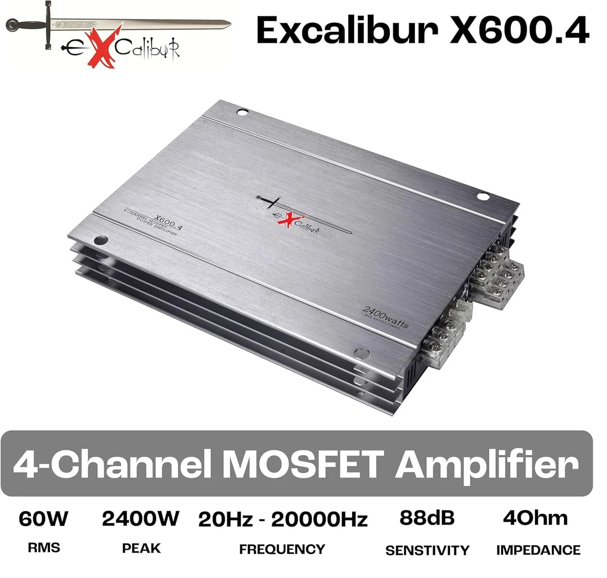 Excalibur X600.4 - Auto Verstärker 4 Kanal - 4X 600 Watt Mosfet HiFi KFZ Endstufe mit Bass-Boost - 2400 Watt Maximum - 2 Ohm Variable Frequenzweiche, Silber
