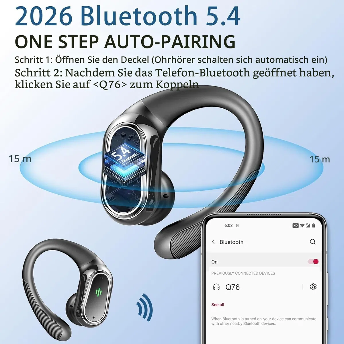 2026 Bluetooth Kopfhörer, Kopfhörer Kabellos Bluetooth 5.4 Sport tiefer Bass, 50 std Spielzeit In Ear Kopfhörer mit 4 ENC Noise Cancelling Mic, IP7 Wasserdicht Ohrhörer LED-Anzeige für Arbeit/Studium