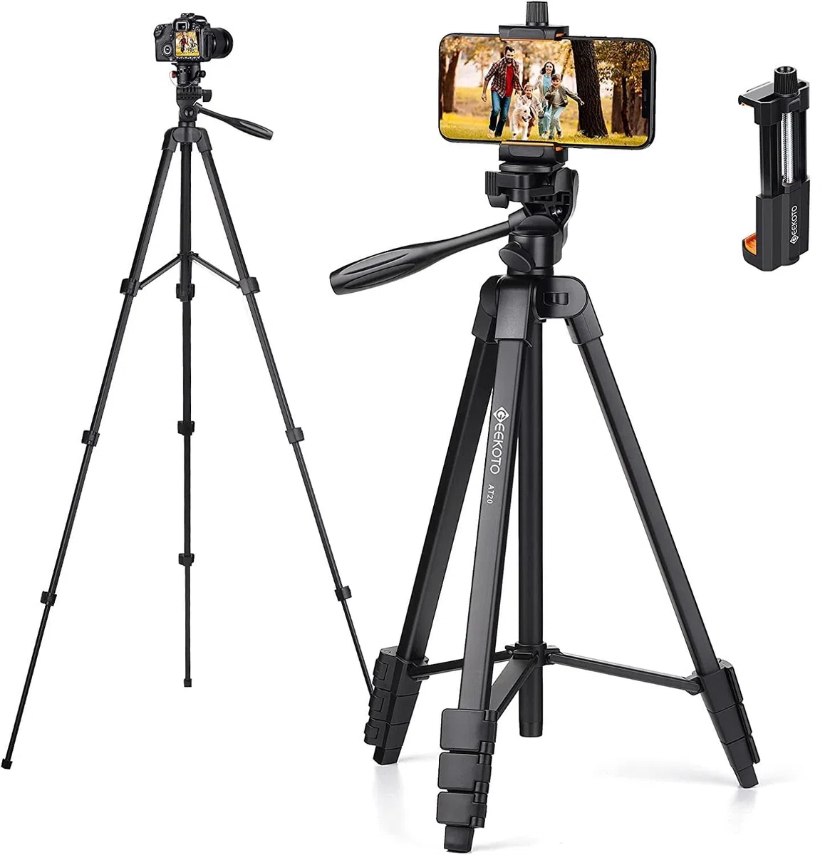 GEEKOTO Handy Stativ Ausziehbar, 54" Stativ für Smartphone mit 360-Grad-Panorama-Drehplattform und 1/4 Universal-Befestigungsschrauben für spiegellose/Gopro/DSLR-Kamera Schwarz