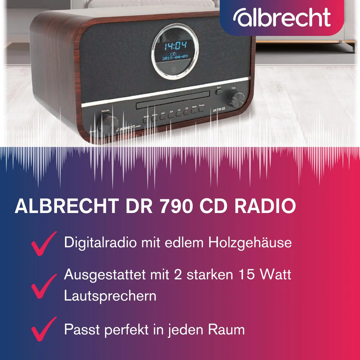 Albrecht DR 790 CD Digital-Radio DAB+ & UKW, multifunktional, CD-Player, Fernbedienung, Streaming & USB, Küchen-Radio, Holzgehäuse dunkelbraun