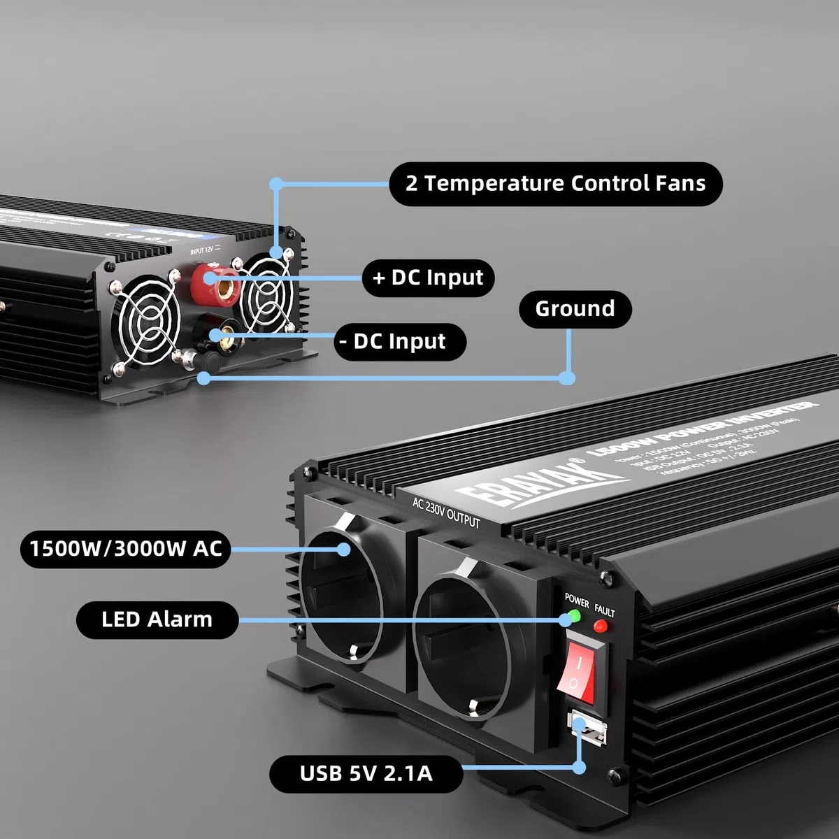 ERAYAK Spannungswandler 12v 230v 1500W/3000W KFZ Wechselrichter Power Solar Inverter DC AC Steckdose Umwandler Stromwandler Fahrzeuge Wohnwagen Auto Modifizierte Sinus Sine Wave