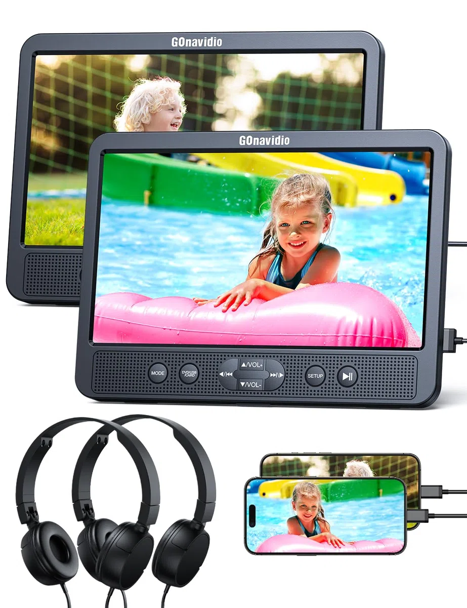 GOnavidio 10,5 Zoll Auto DVD Player 2 Monitore mit HDMI-Eingang, Kopfhörern, Monitore Kopfstütze, Auto Fernseher Rücksitz unterstützt für USB/SD-Karte, AV-EIN-/Ausgang, ohne Akku