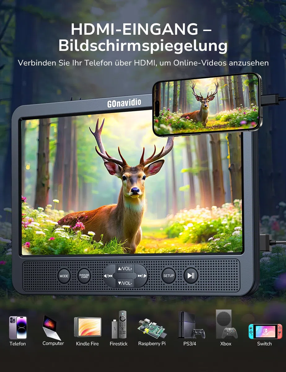 GOnavidio 10,5 Zoll Auto DVD Player 2 Monitore mit HDMI-Eingang, Kopfhörern, Monitore Kopfstütze, Auto Fernseher Rücksitz unterstützt für USB/SD-Karte, AV-EIN-/Ausgang, ohne Akku