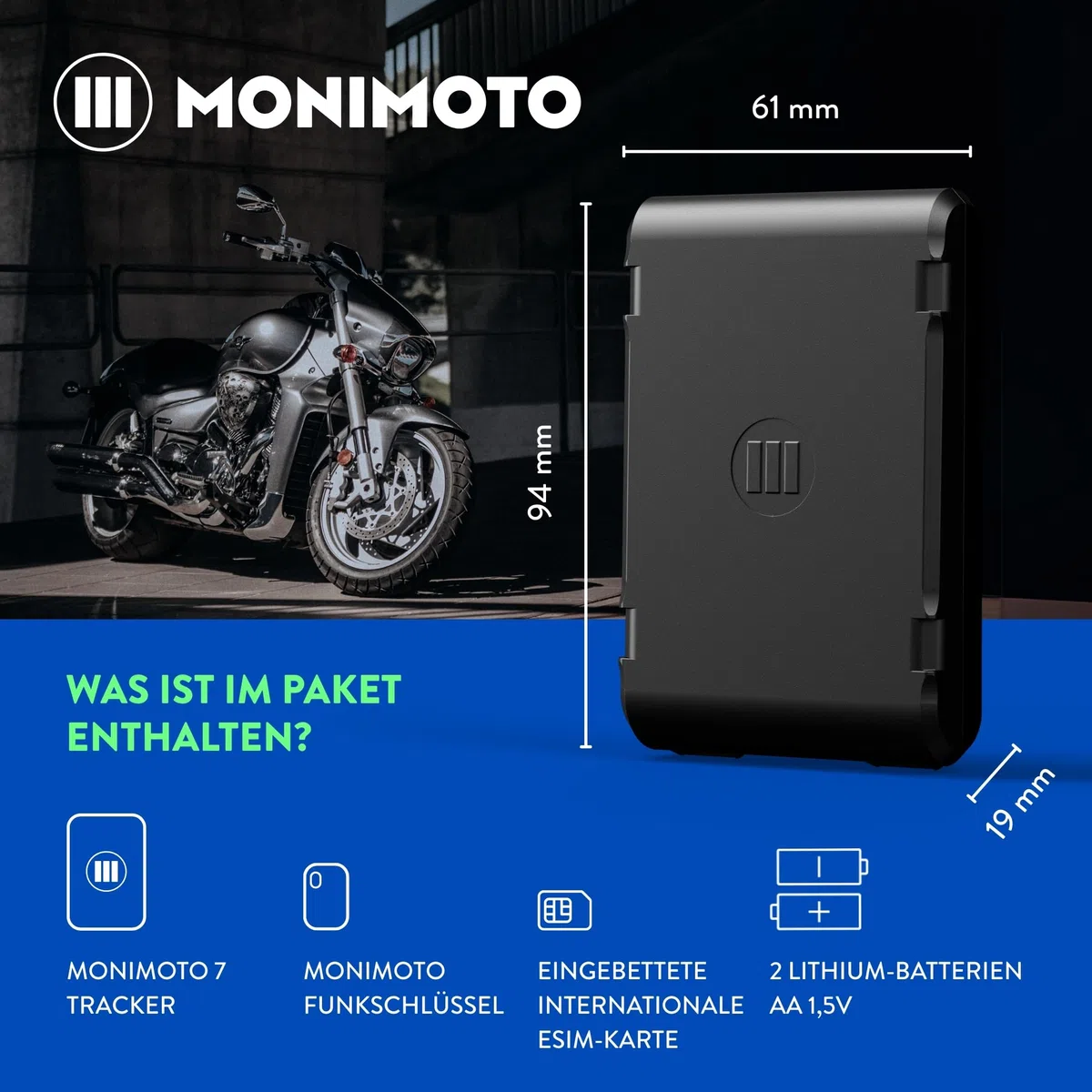 MoniMoto 7 GPS Tracker Motorrad - Diebstahlwarnanlage mit DIY-Installation, Keine Verkabelung erforderlich - Ortungsgerät für Autos, Roller, Quads, ATV, Schneemobile