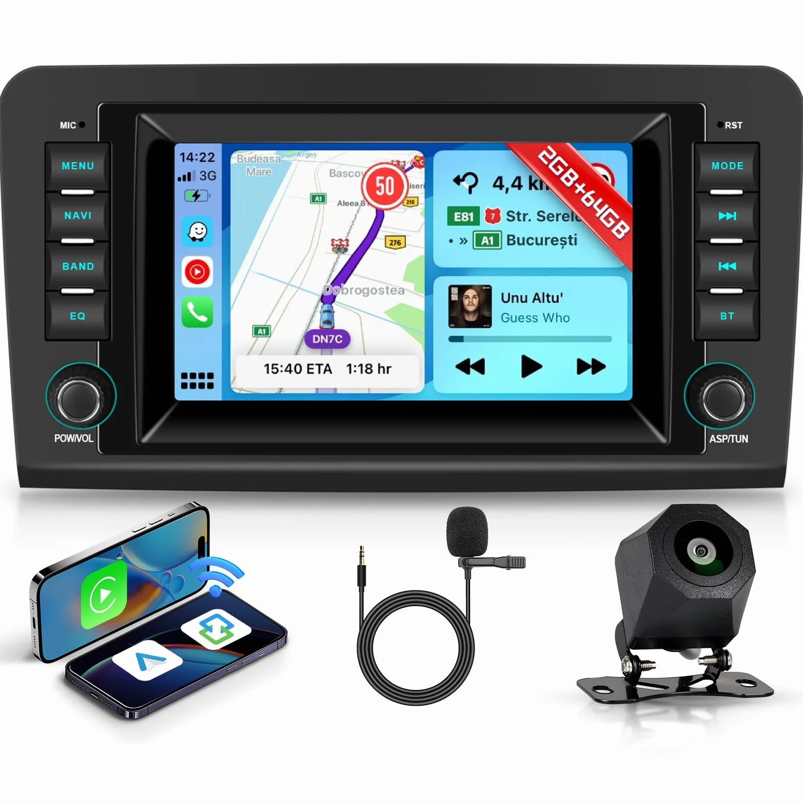 Hodozzy 2G+64G Autoradio für Mercedes-Benz ML GL-Klasse W164 X164 ML300 320 350 450 500/ GL320 420 mit Wireless Carplay Android Auto, Radio 7 Zoll Touchscreen Navi Bluetooth WiFi DSP Rückfahrkamera
