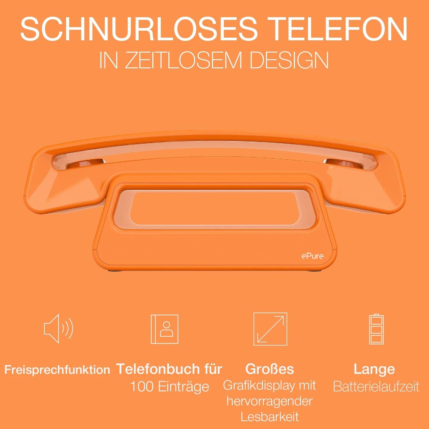 ALCATEL ePure Iconic - Schnurloses Festnetztelefon DECT - Vintage-Design - Großes, hochauflösendes Grafikdisplay - Freisprechfunktion - Anrufblockierungsfunktion - Orange
