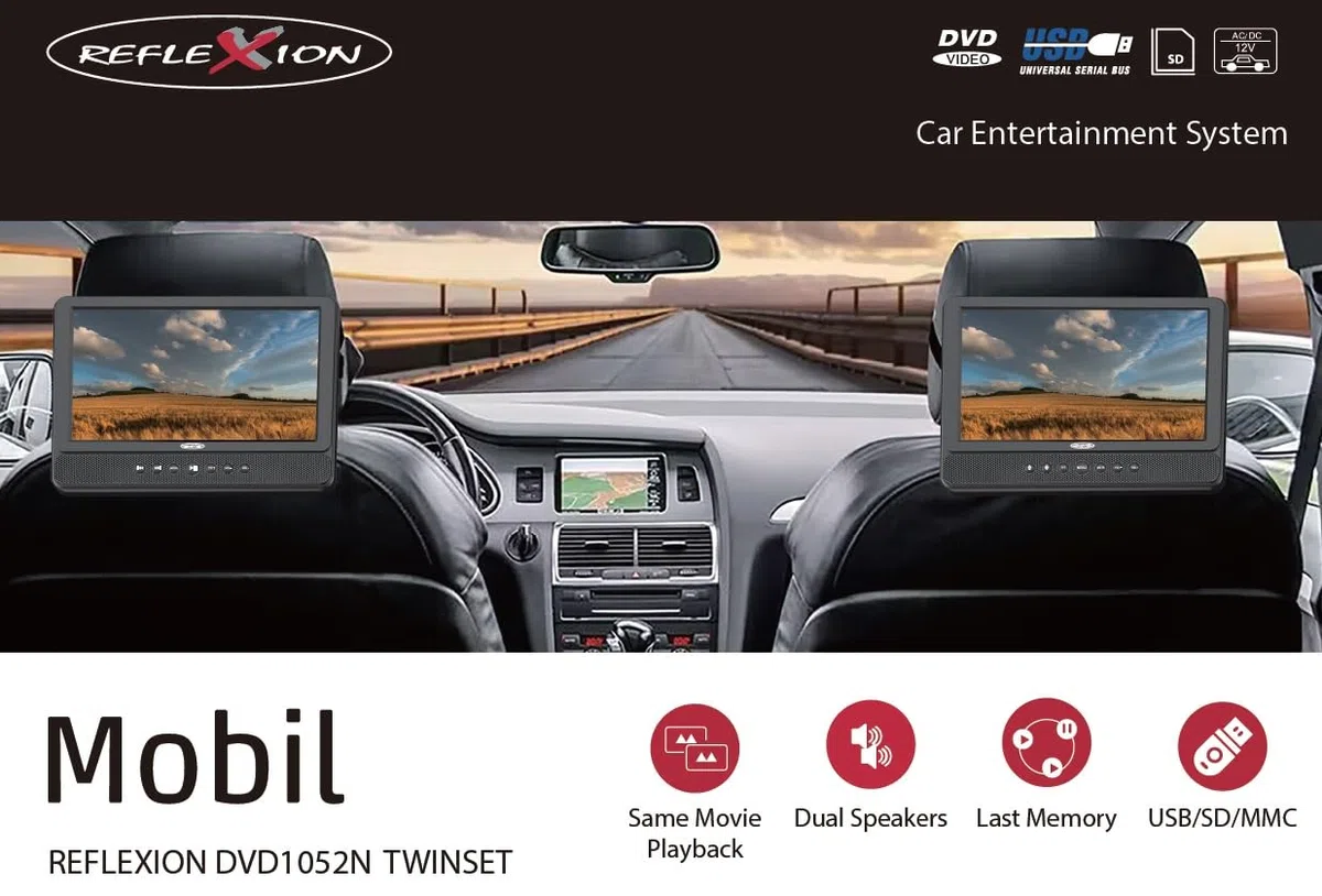 Reflexion DVD1052N Twin Monitor, tragbarer DVD Player für das Auto, 10.1 (25,6 cm) Zoll LCD-Bildschirm, Stereolautsprecher, Elektronisches Antischocksystem, Akku, USB, 12V Auto-Adapter, 230V Netzteil
