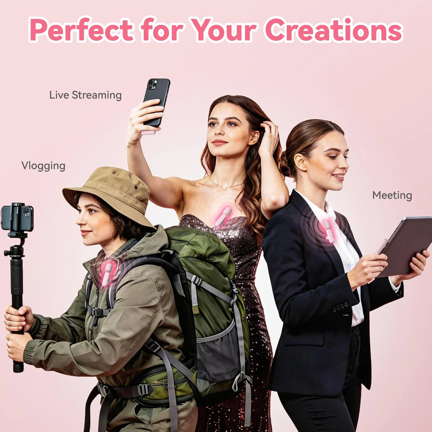 Wireless Mini Lavalier Lapel Microphone for iPhone iPad iOS Devices - Noise Reduction Lapel Mic for Recording, Clip on Mic, for Video YouTube Tiktok Podcast Vlogging (Pink)