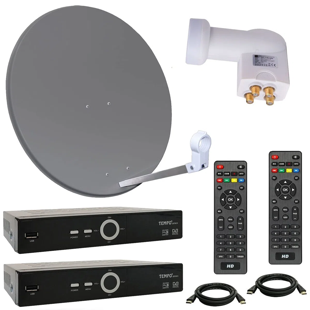 HD Sat Anlage 80 cm Spiegel + Opticum Quad LNB für 4 Teilnehmer + 2 Stück HD SAT Receiver (3 Farben wählbar)