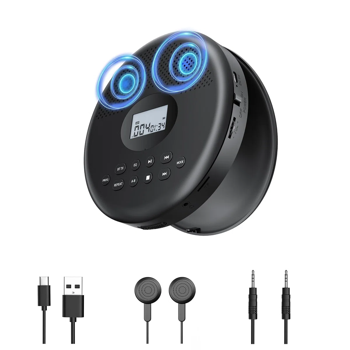 Arafuna Tragbarer CD-Player mit Bluetooth, wiederaufladbarer CD-Player mit Lautsprechern, Anti-Schock, LCD-Display, 7 Wiedergabemodi & 5 EQ, unterstützt TF & AUX, geeignet für Auto, Zuhause und Reise