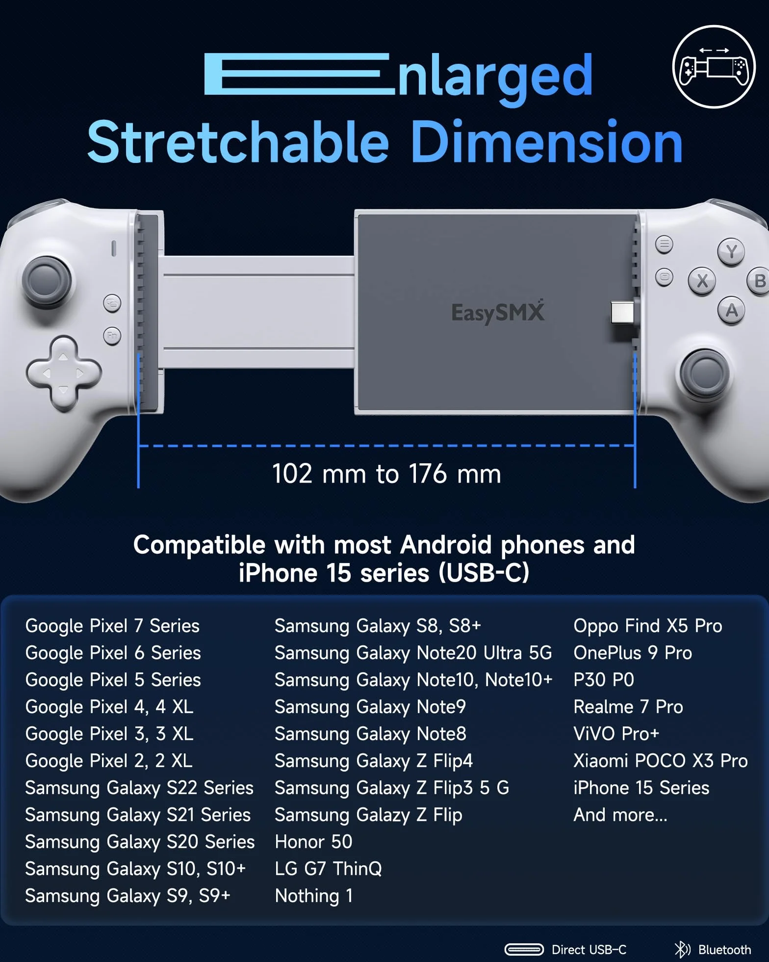 EasySMX M15 Handy Controller für iPhone15 Series mit USB C, Bluetooth, Hall Effekt Trigger & Joystick, mechanische Tasten, Weiß