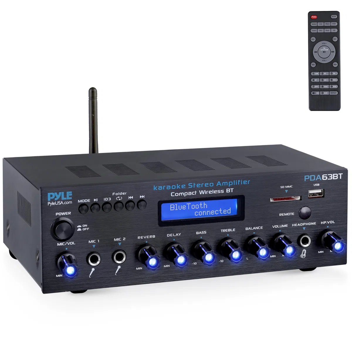 Pyle Verstärker 200W Bluetooth Receiver 2 Kanal Stereo mit FM Radio USB/SD AUX RCA Mikrofon Eingänge Bass Höhenregelung Karaoke