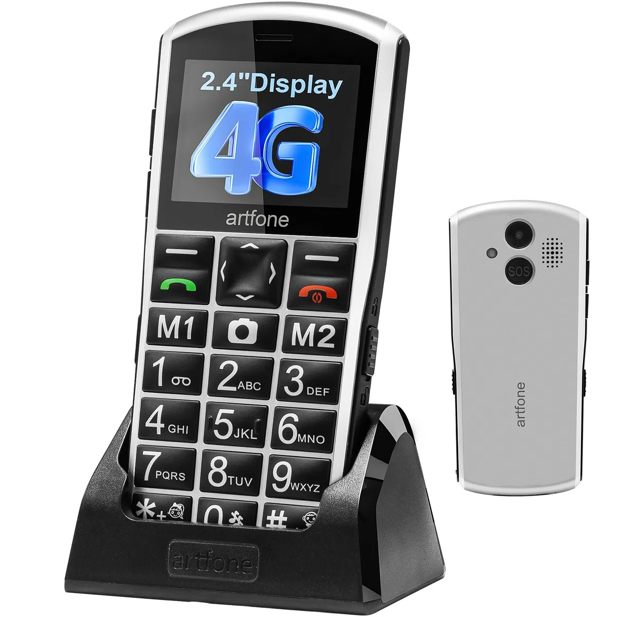 artfone A400 4G Seniorenhandy ohne Vertrag | 2,4 Zoll Farbdisplay | Dual SIM mit Notruftaste | Rentner Handy große Tasten | 1800 mAh Akku Lange Standby-Zeit | Großtastenhandy mit Ladestation