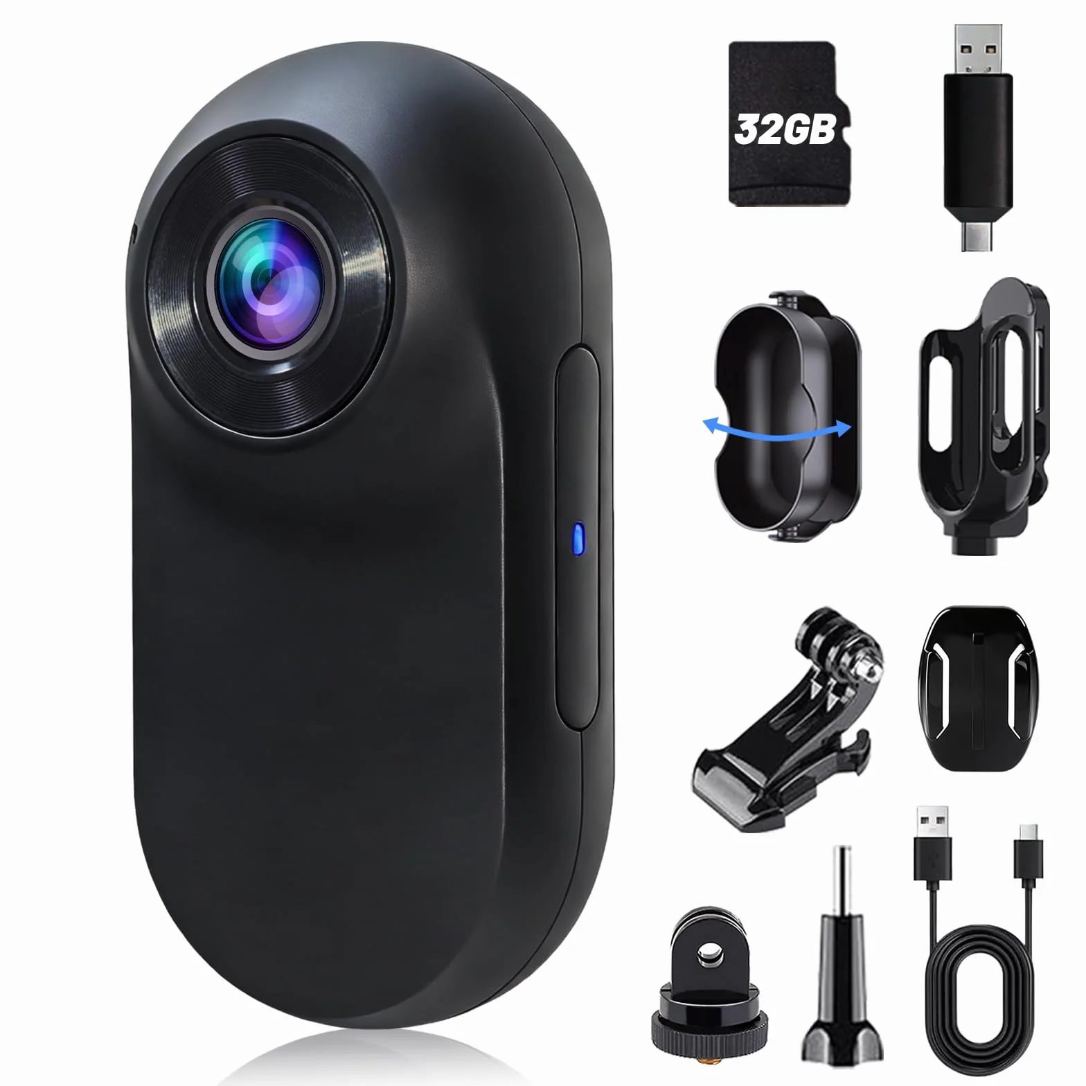 1080P Mini Action Cam, Daumengroße Helmkamera Motorrad, Bodycam Körperkamera Mini mit integriertem 32GB Speicher, POV Kamera für Radfahren, Reisen und Outdoor Abenteuer(Matt Schwarz)
