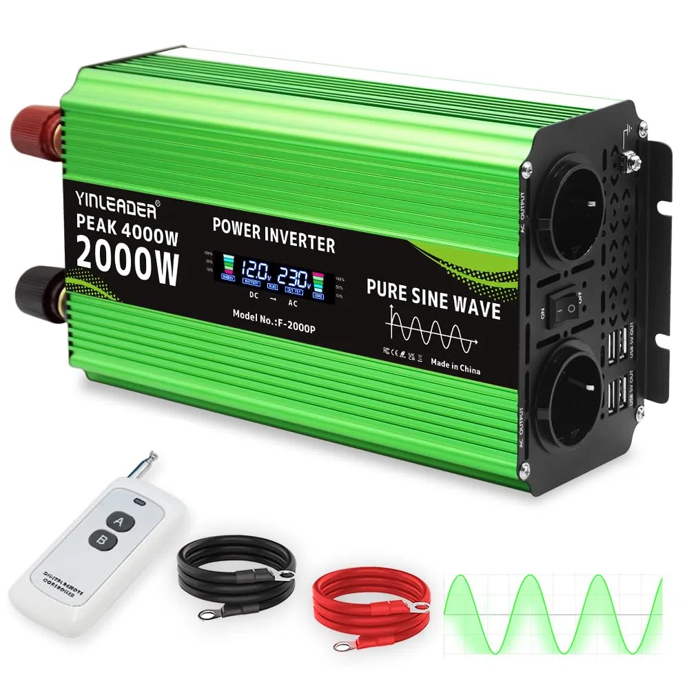 Yinleader Wechselrichter 2000W /4000W Spannungswandler Reine Sinuswelle 12V 230V mit 2 Eurosteckdosen und 4 USB Spannungsanzeige