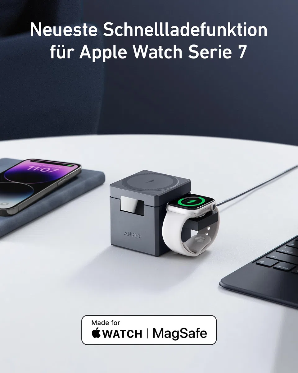 Anker 3-in-1 Cube mit MagSafe, 15W kabellose Höchstladeleistung, Kompatibel mit iPhone 17/16/15/14/13/12 Serien, Apple Watch Serie 1-7 / SE, und AirPods Pro / 3/2 (Inklusive 30W Netzteil)