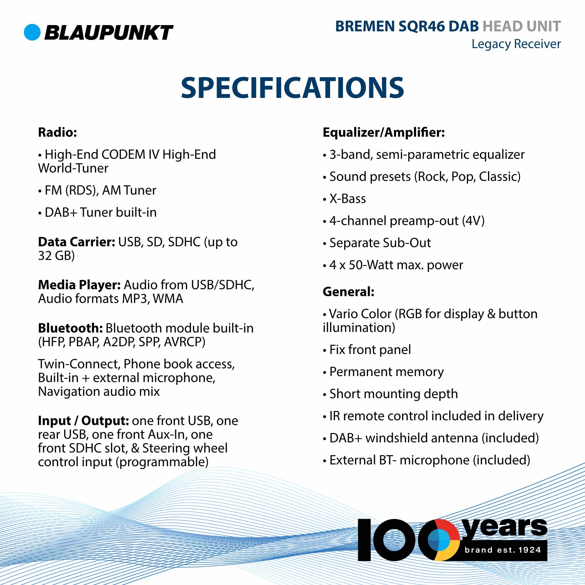 Blaupunkt Bremen SQR 46 DAB, 1-DIN Autoradio, Youngtimer-Design, DAB+, Bluetooth, Freisprecheinrichtung, USB, Aux-Eingang, SDHC, SD, Lenkradfernbedienung, Sub-Out, Variocolour, 4x50Watt, 12V