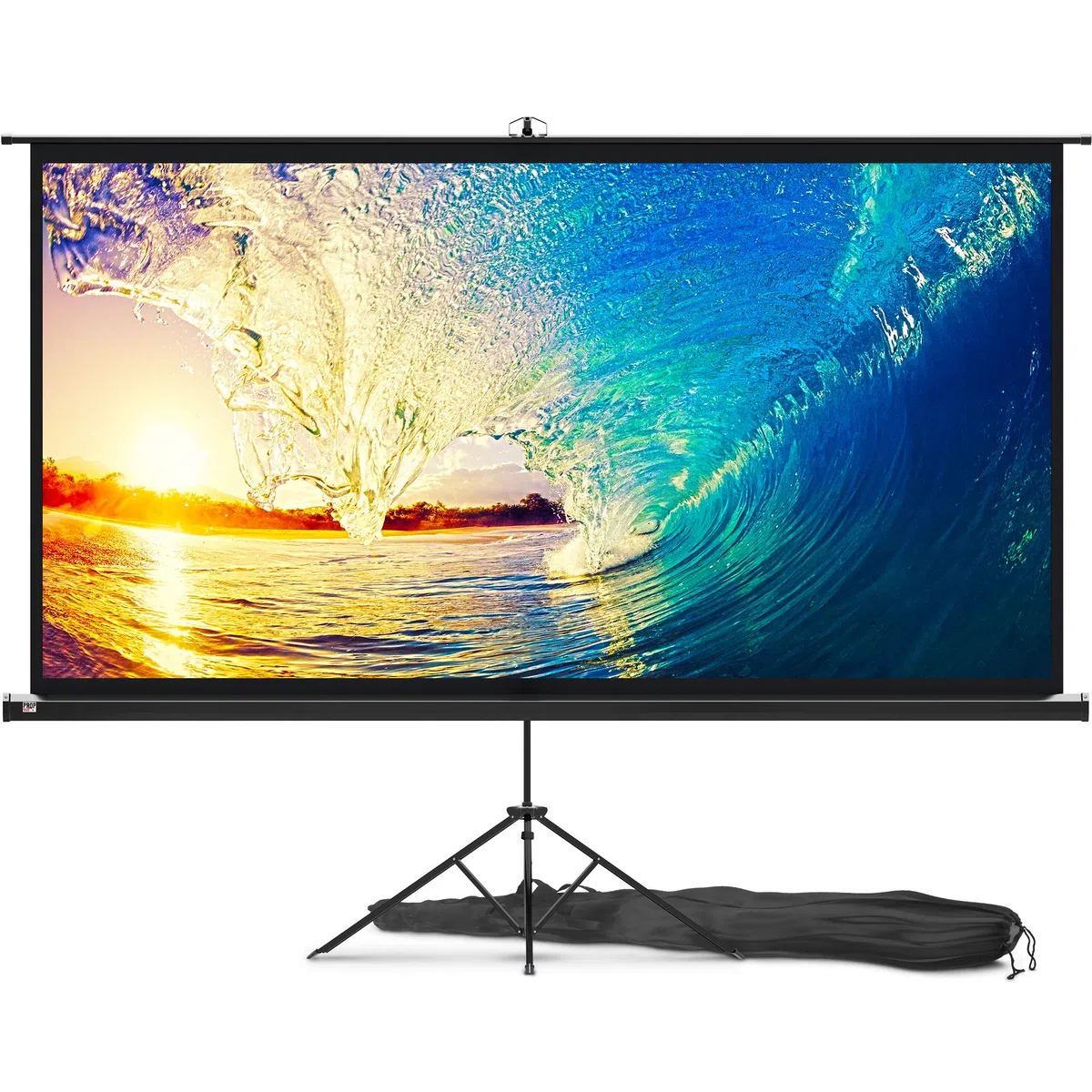 Projektionsbildschirm auf Füßen, 100 Zoll – Bildschirm für Projektor innen und außen für Filme oder Präsentationen – Display auf Stativ HD Premium ohne Falten 16:9 mit Tragetasche und Riemen