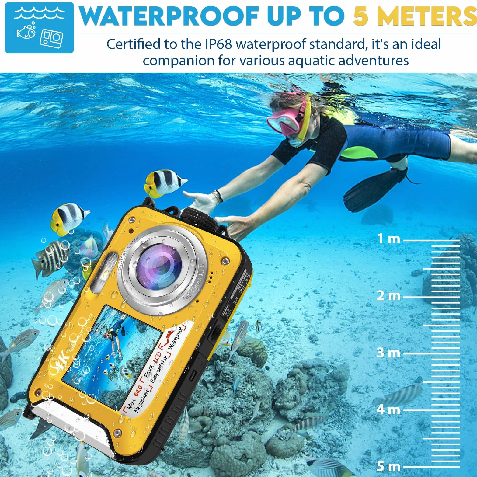64MP Unterwasserkamera mit 32GB Speicherkarte, 4K unterwasser kamera mit Autofokus & Dual-Selfie-Bildschirmen, 5 Meter kamera wasserdicht, digitalkamera wasserdichte für Kinder & Schnorcheln (2 Akkus)