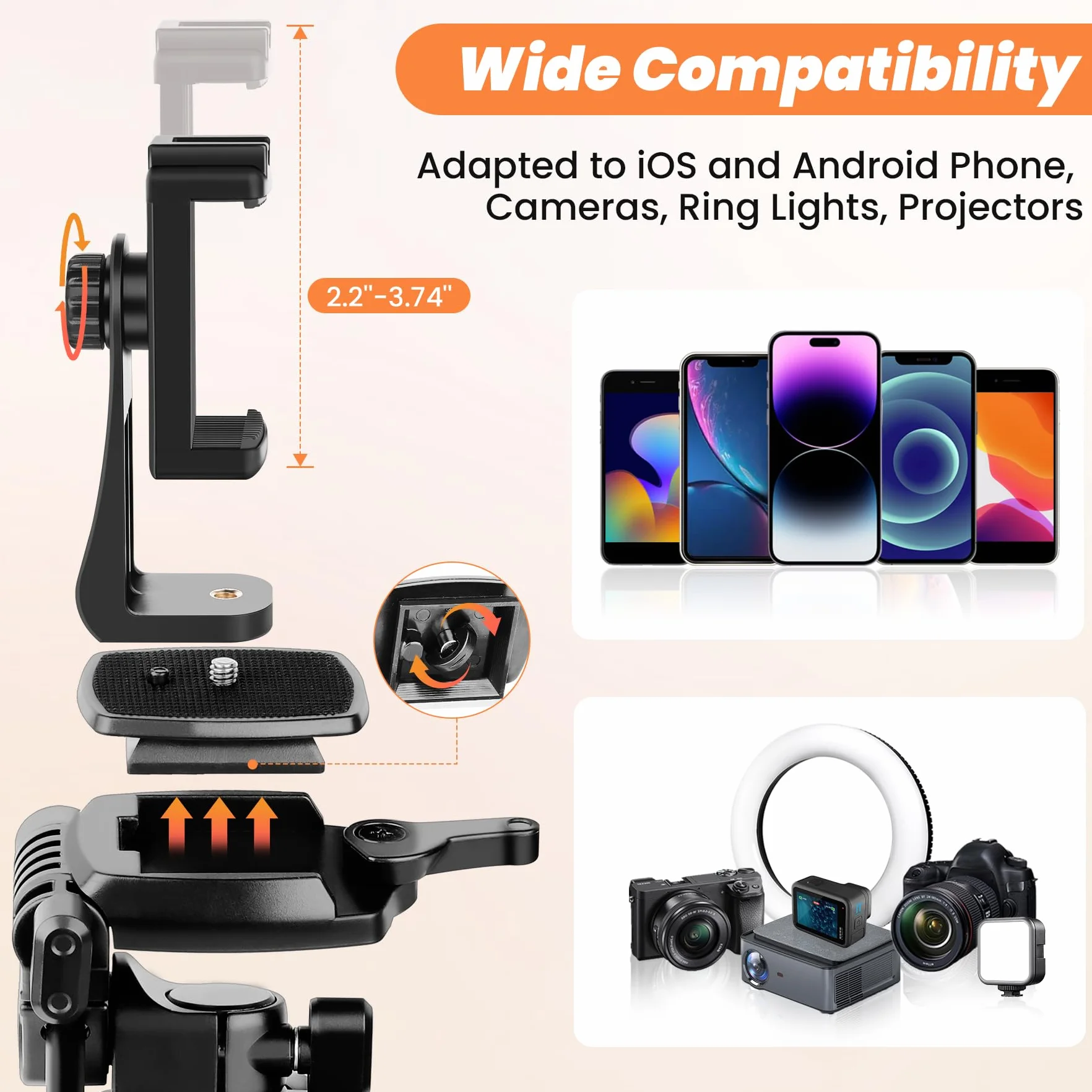 Nineigh Kamera Handy Stativ, 190cm Horizontal Stativ for Smartphone mit Fernauslöser, Leichtes Aluminium Camera Tripod mit 3 Wege Kopf, Fotostativ Kamera Reise für iPhone/Samsung/Huawei/DSLR