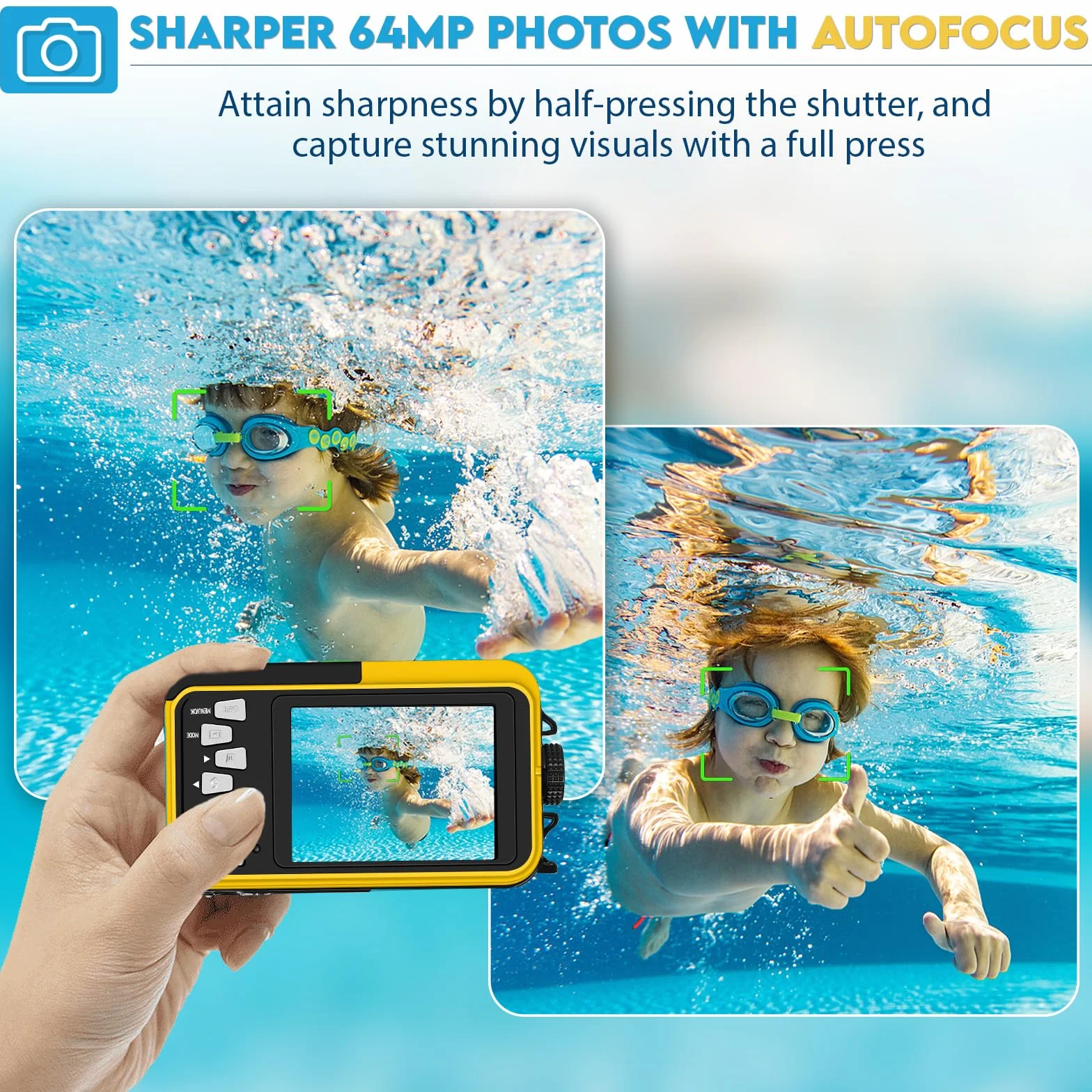 64MP Unterwasserkamera mit 32GB Speicherkarte, 4K unterwasser kamera mit Autofokus & Dual-Selfie-Bildschirmen, 5 Meter kamera wasserdicht, digitalkamera wasserdichte für Kinder & Schnorcheln (2 Akkus)