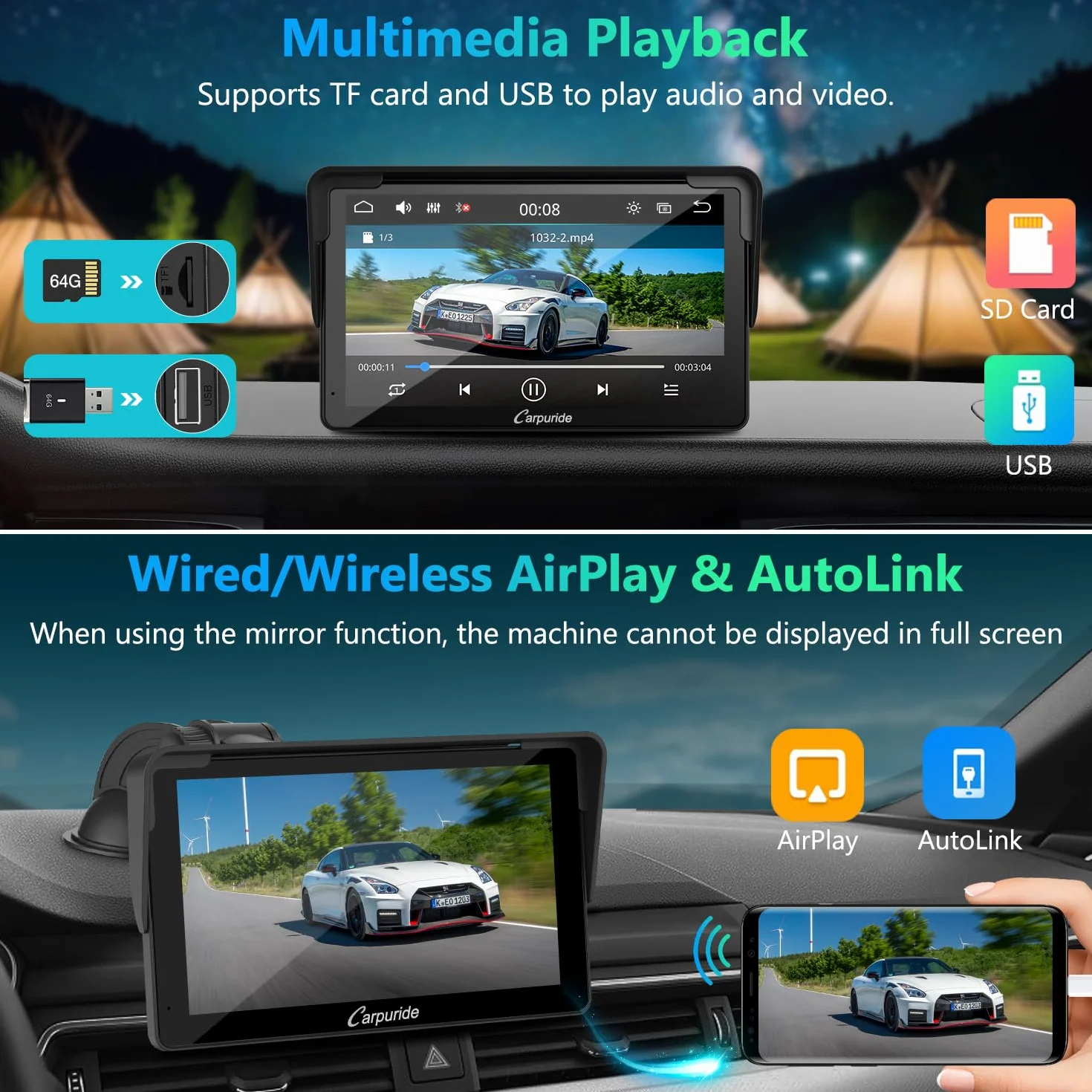 Carpuride Carplay Screen, Tragbares Kabelloses Carplay und Android-Auto, 7 Zoll 1080P HD-Touchscreen-Radio mit BT 5.0, Spiegel-Link-Unterstützung, LKW, Wohnmobil, Armaturenbrett-Halterung