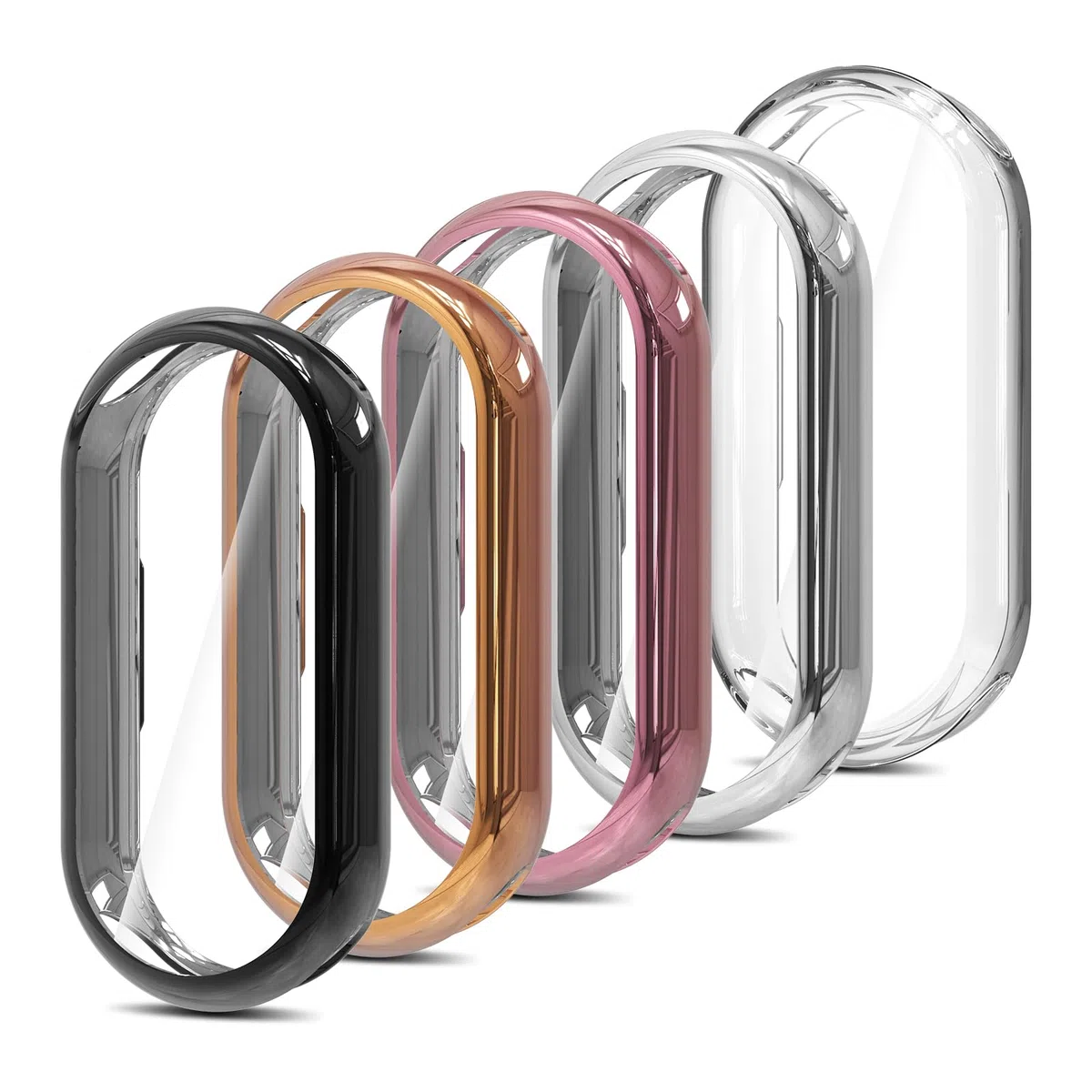 Simpeak 5-Stück Hülle Kompatibel mit Xiaomi Smart Band 10, Schutzhülle Leicht Weiche Silikon Ultradünne TPU Case - Schwarz, Transparent, Silber, Roségold, Rosa