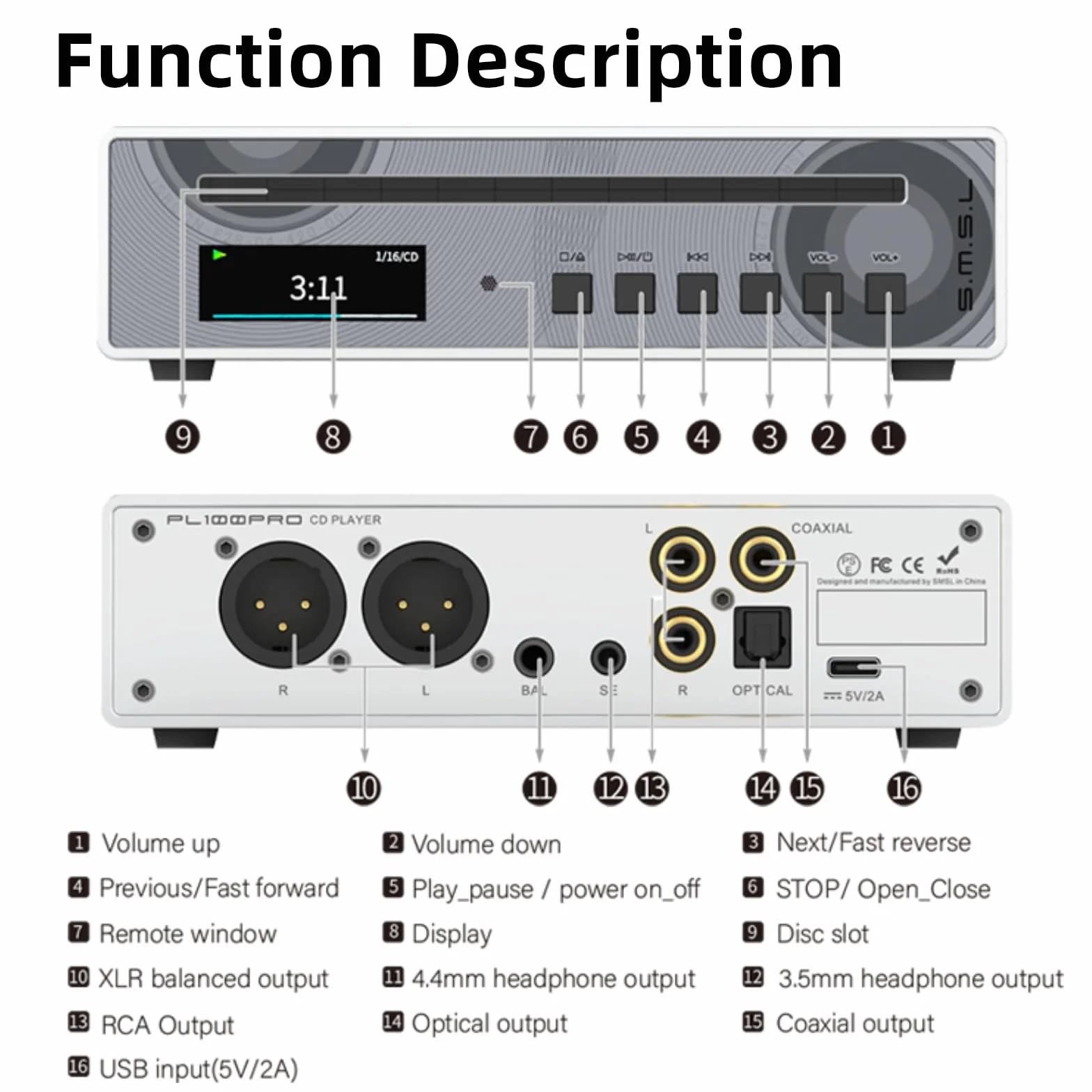 SMSL VMV PL100 PRO HiFi CD Player für Zuhause, Auto-CD-Player, Dual CS43131 Chip, MQA Dekodierung, Vorverstärker mit RCA/XLR/3,5 mm/4,4 mm Kopfhörer/Optischem/Koaxialem Digital Ausgang (Schwarz)