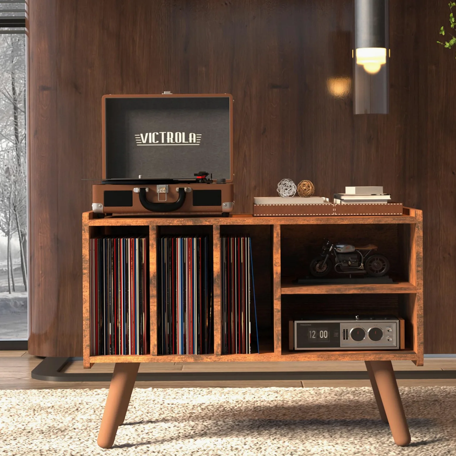 Record Player Stand with 4 Cabinet Holds Up to 220 Albums, Mid-Century Record Player Table, Black Vinyl Holder Storage Shelf for Bedroom Living Room (Brown)