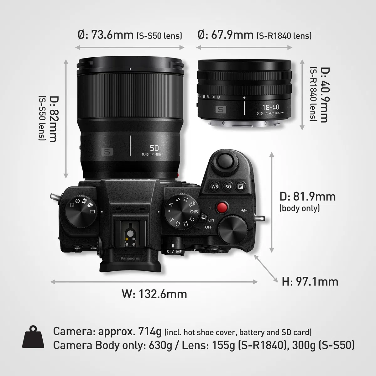 Panasonic DC-S5DWE-K Lumix S5D Full Frame Mirrorless Camera Body, 24.2MP, 4K 60P Recording, Live View Finder, Free Angle Monitor, Wi-Fi, Bluetooth, with S-R1840E 18-40mm & S-S50ME 50mm Lenses, Black
