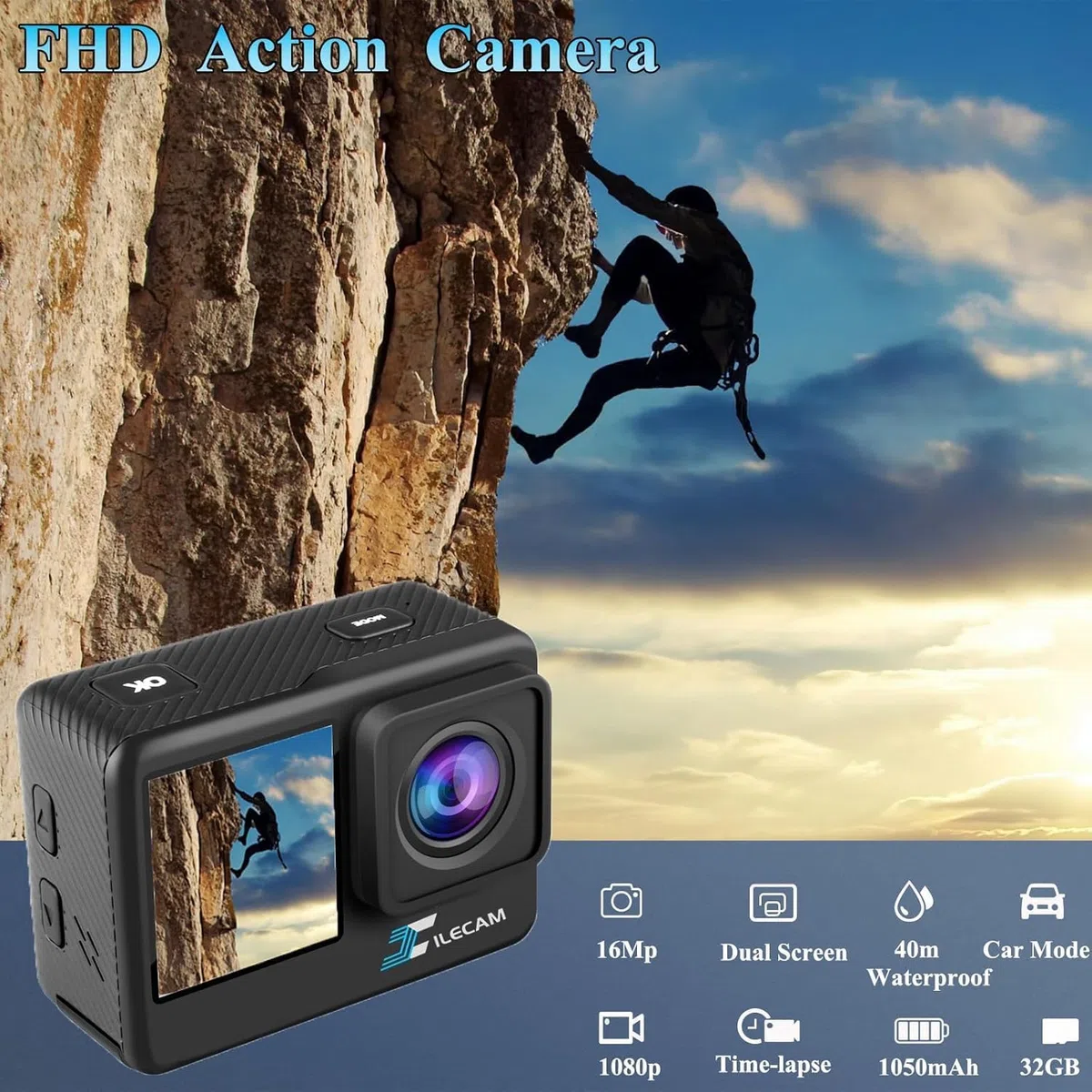 Xilecam Dual Screen Action Cam 1080P 32 GB Karte wasserdichte Kamera wasserdichte Unterwasserkamera mit 2 x 1050 mAh Akku （Schwarz）