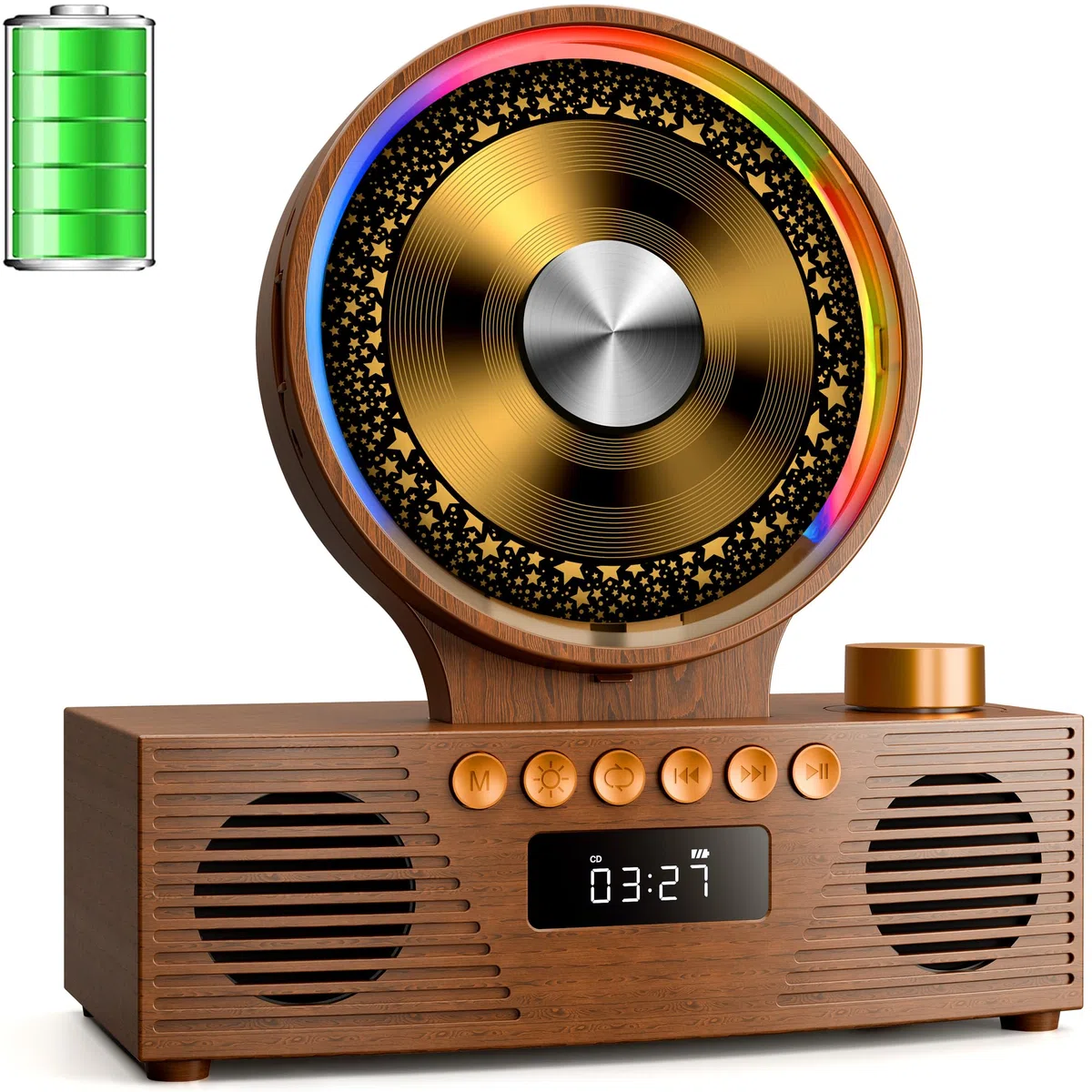 ROADOM CD Player Bluetooth 5.3 mit Dual Lautsprecher, 4000mAh Tragbar Wiederaufladbar, 6-in-1 Wiedergabe CD/USB/TF/FM/AUX, RGB Licht, Retro Desktop CD Spieler für Zuhause