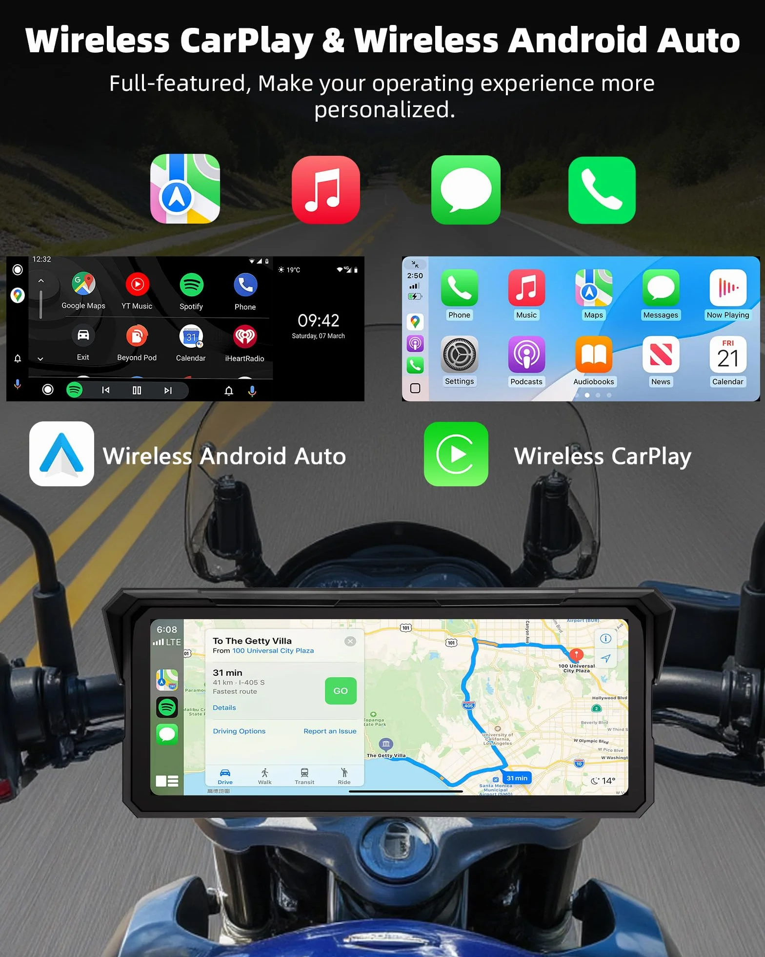 8,1 Zoll Motorrad Carplay Drahtloses Carplay und Android Auto für Motorräder, IP67 Wasserdichtes Touchscreen Motorrad Navi GPS, Bluetooth-Audio, Siri und Google