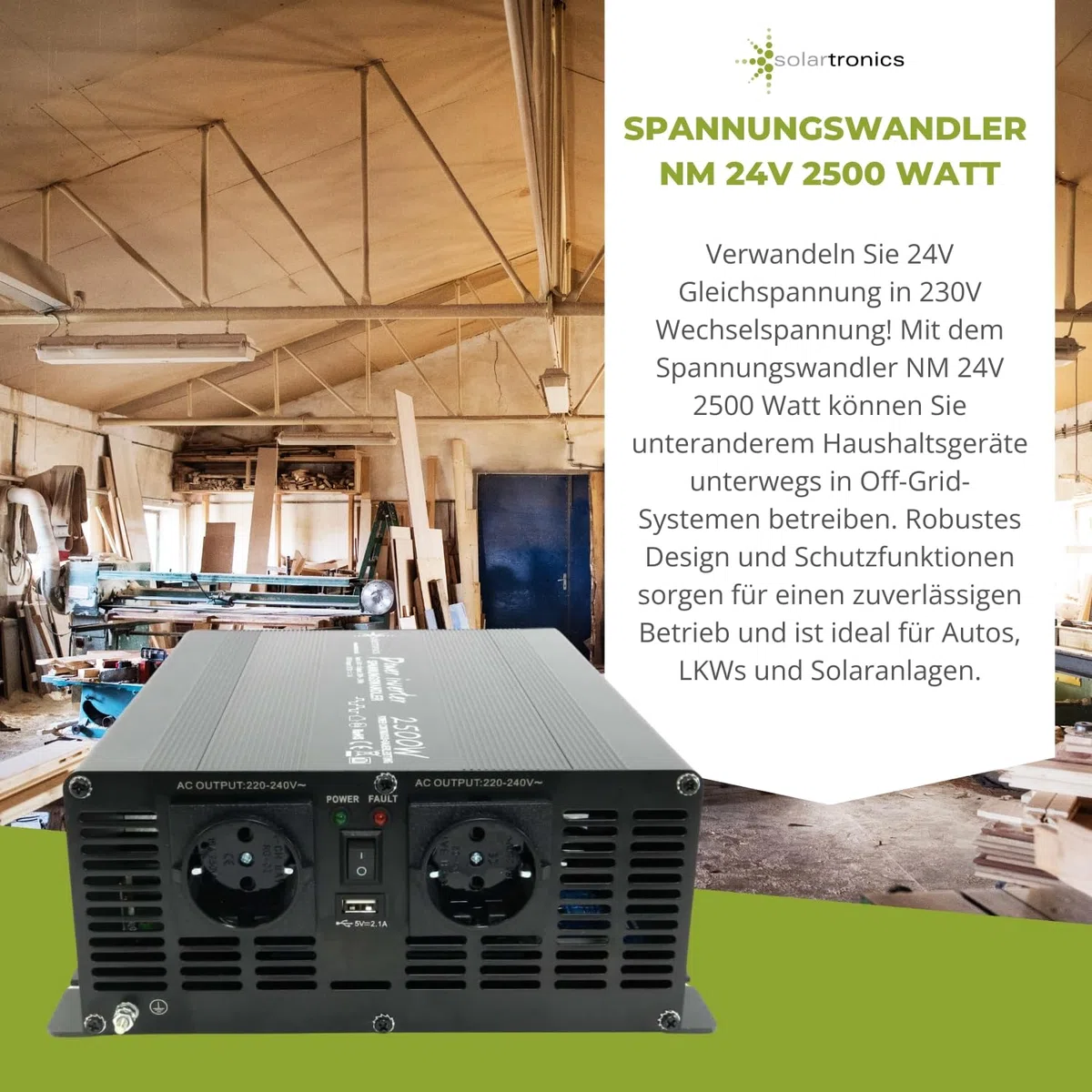 SOLARTRONICS NM2500 Spannungswandler 24V 230V modifizierter Sinus 2500W - 5000W Spitzenleistung - Wechselrichter 24V auf 230V Stromwandler mit Schuko-& USB Anschluss Solar Inverter Umwandler