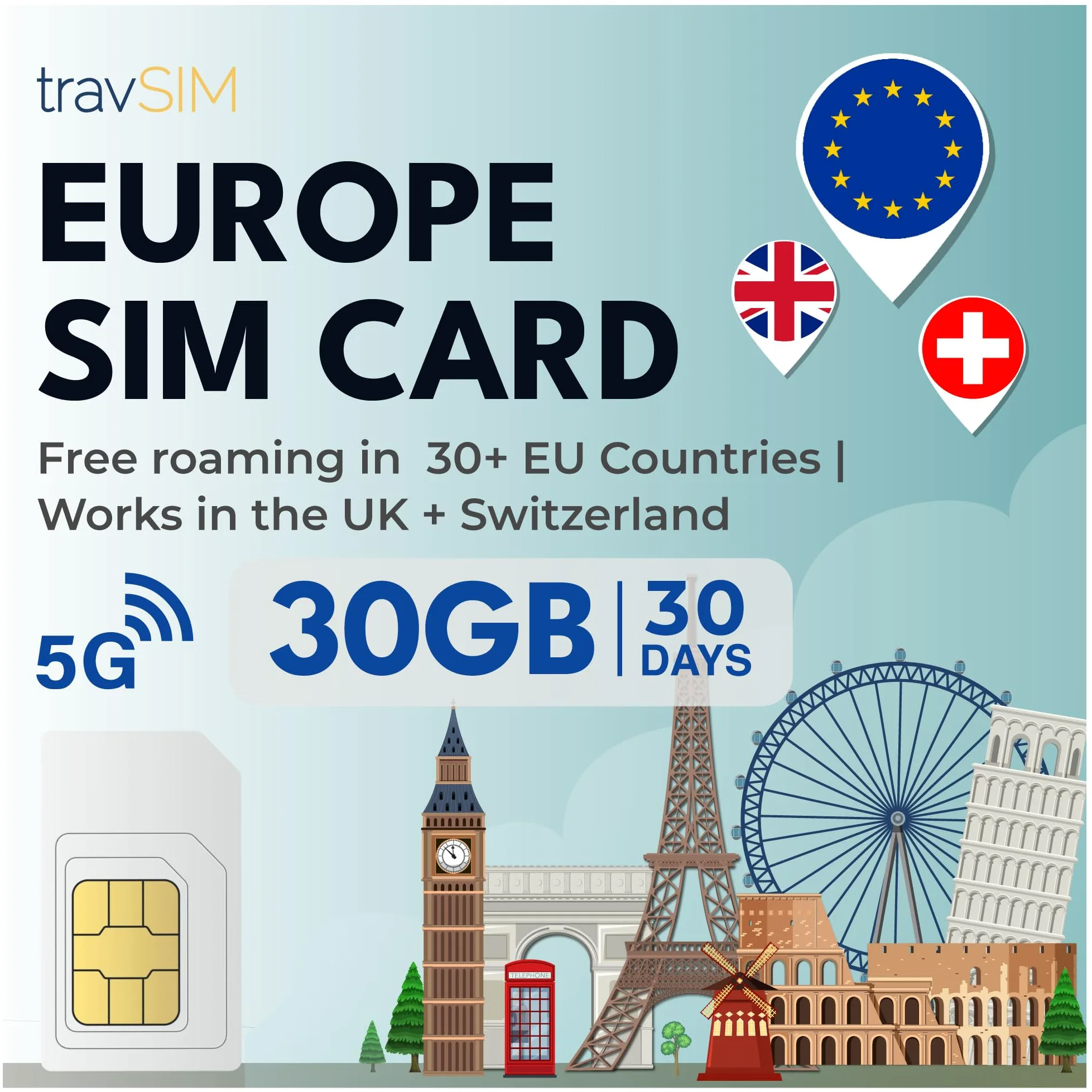 travSIM Europe SIM-Karte 30GB 4G/5G Unbegrenzte Anrufe 30 Tage gültig