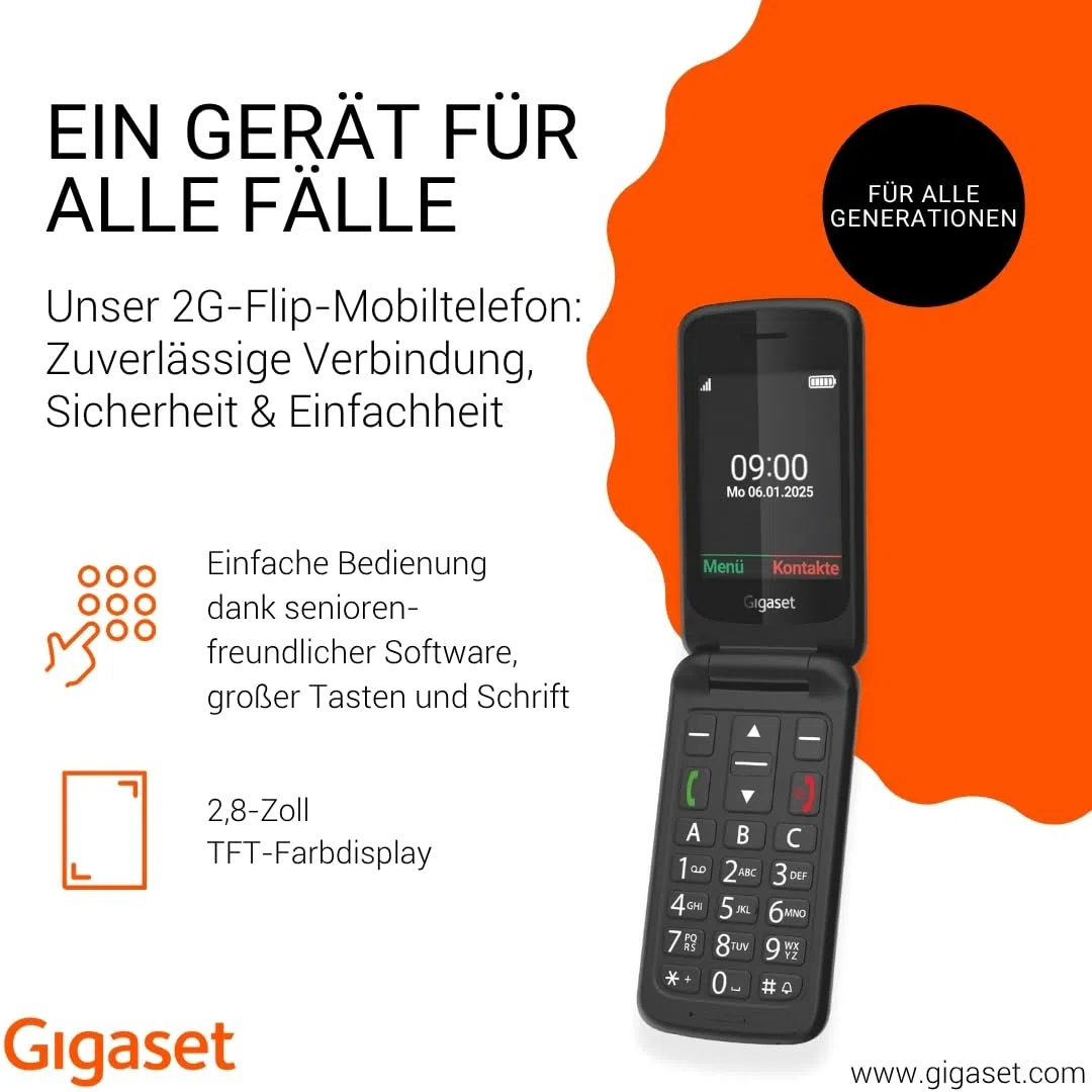 Gigaset GL595 Flip-Mobiltelefon – einfache Bedienung für Senioren, große Tasten & SOS-Notruftaste – Staub- & spritzwassergeschützt IP44 Schutzklasse–ohne Vertrag–2,8 Zoll TFT-Farbdisplay, Black