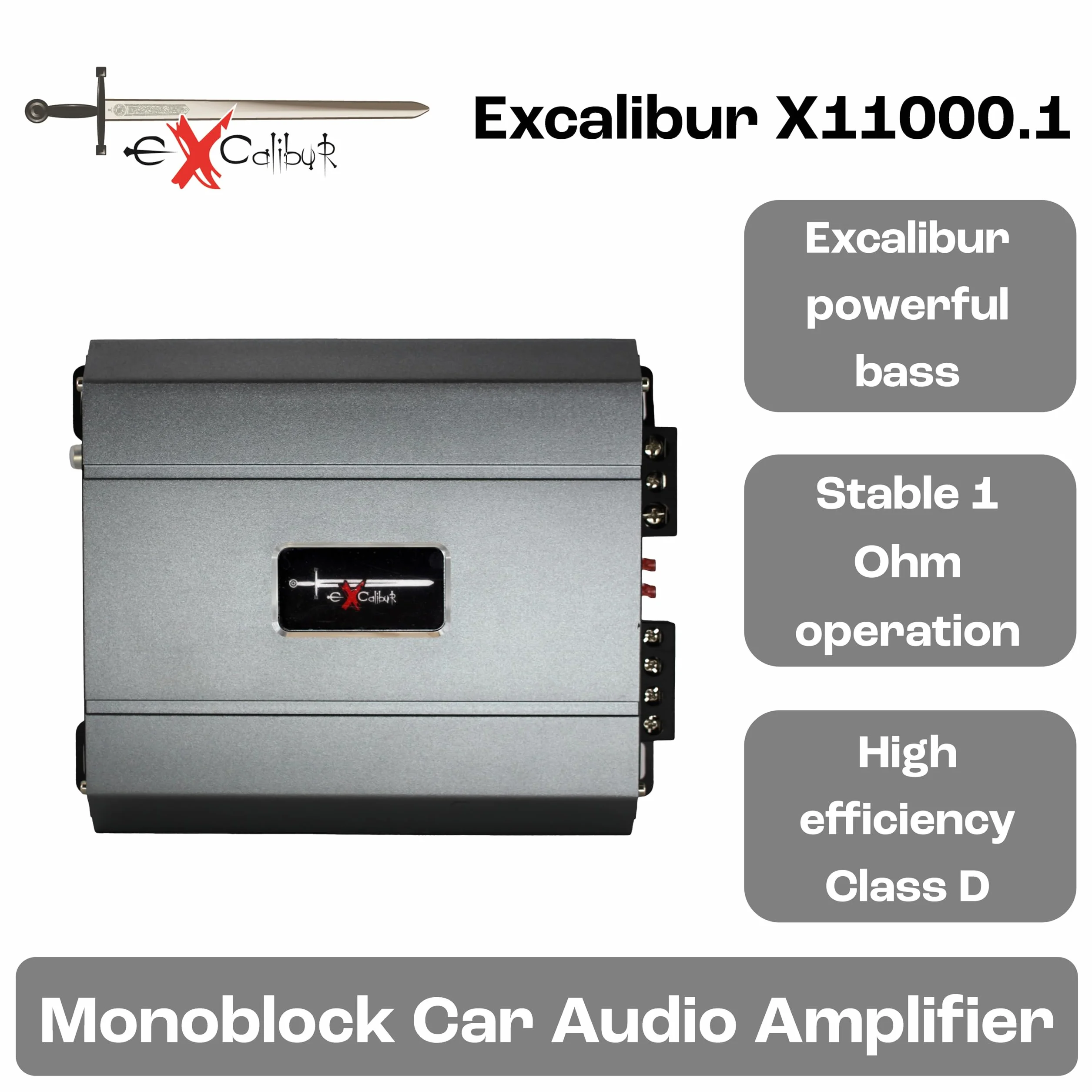 Excalibur X11000.1 Auto Verstärker HiFi Mono 1 Kanal 1500 Watt Leistungsstarker Subwoofer Endstufe Auto - Kompakter Mini Verstärker Mit Bass-Boost 12 dB, Crossover HPF/Full/LPF und Fernbedienung