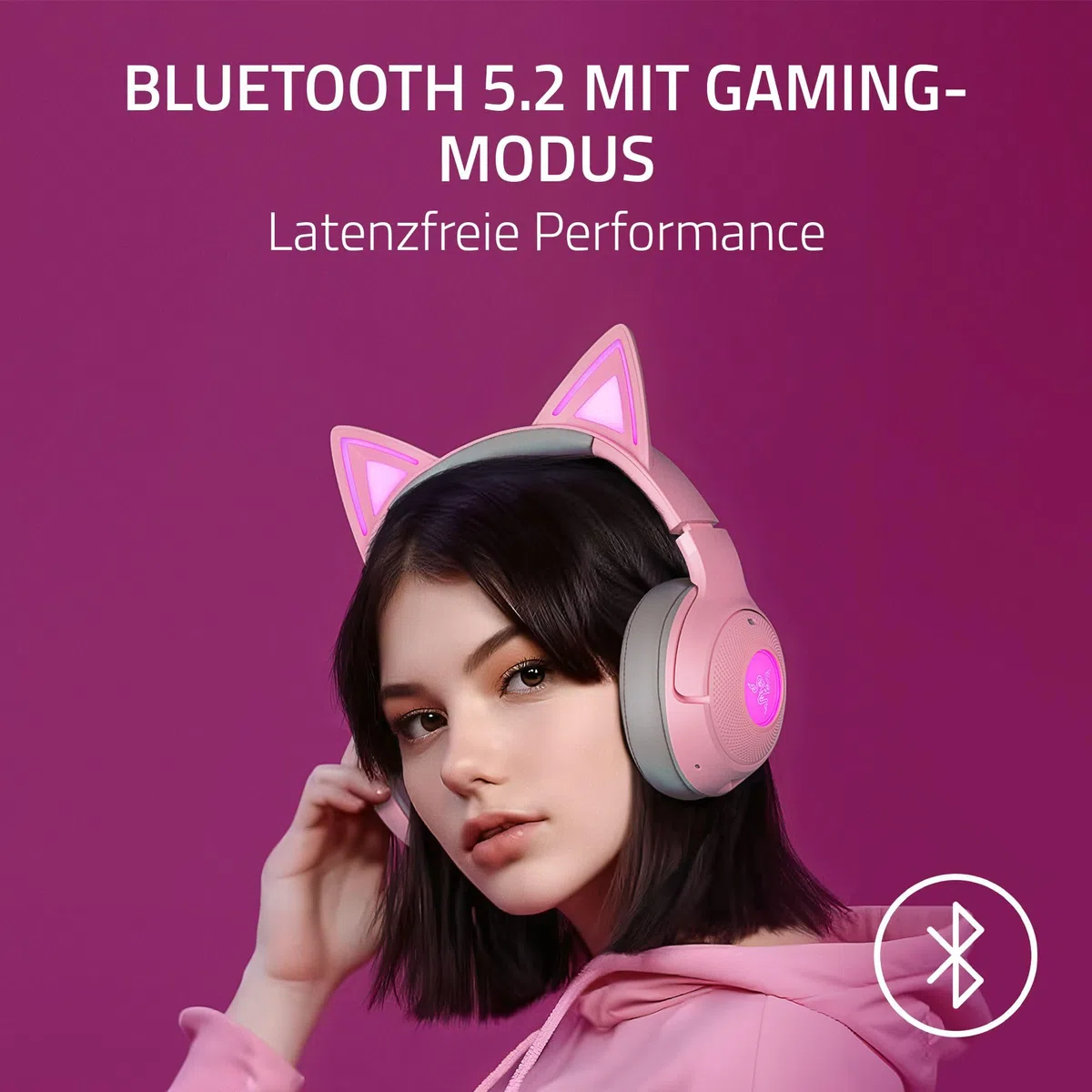 Razer Kraken Kitty V2 BT - Drahtloses Bluetooth RGB Gaming-Headset mit leuchtenden Katzenohren (Bluetooth 5.2 mit Gaming-Modus, TriForce 40mm Treiber) Quartz