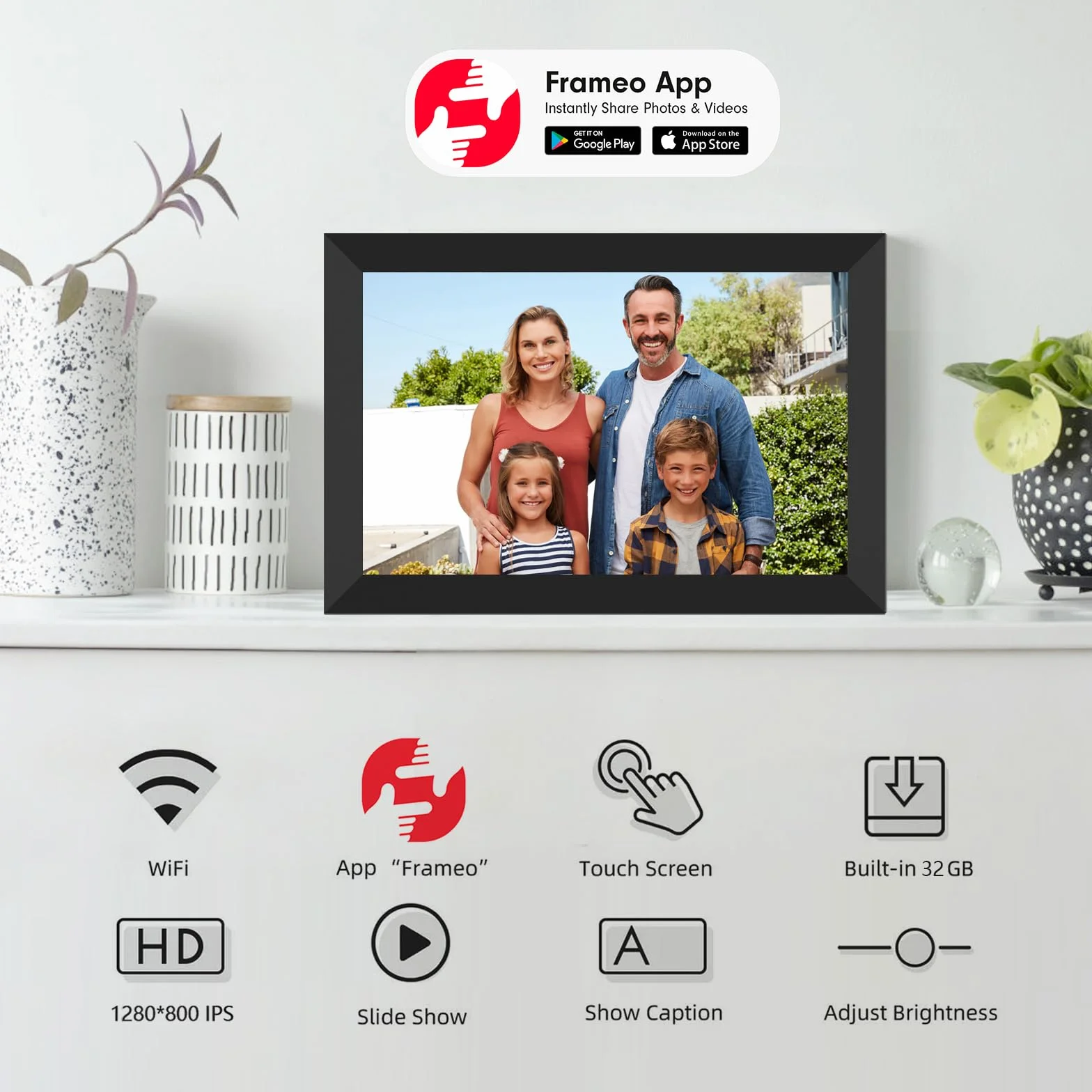 AKImart FRAMEO Digitaler Bilderrahmen WiFi 32GB Digitaler Fotorahmen 10,1 Zoll 1280x800 IPS LCD-Touchscreen Smart Cloud-Fotorahmen Mit Automatischer Drehung Momente Sofort Über Die Frameo-App Teilen