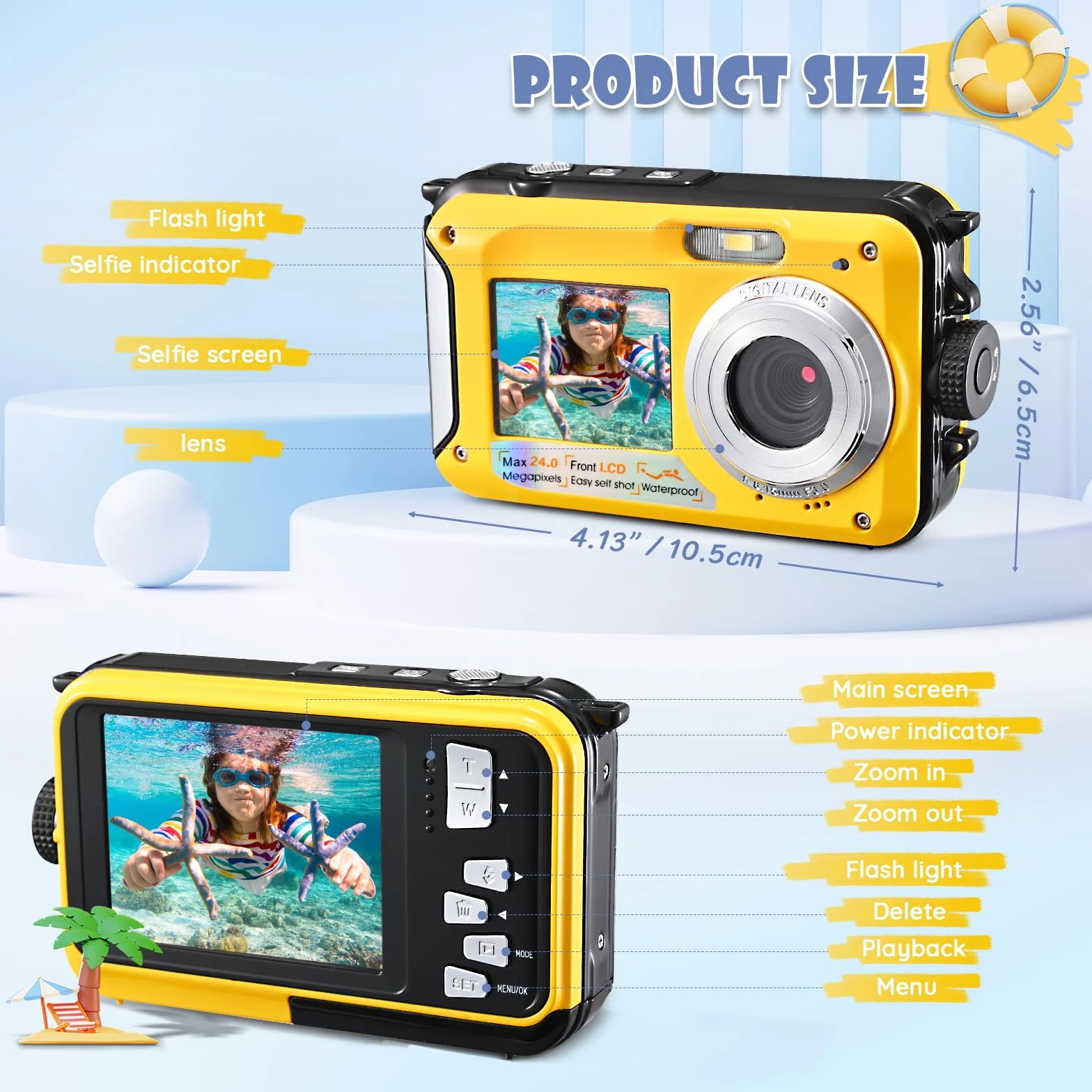 Unterwasserkamera Full HD 2.7K 48MP,Digitalkamera wasserdichte Doppelbildschirm Anti-Shake mit LED-Mikrofon 16 x Digital zoomSnorkelling,Unterwasserkamera for Self-Timer Underwater (Gelb)
