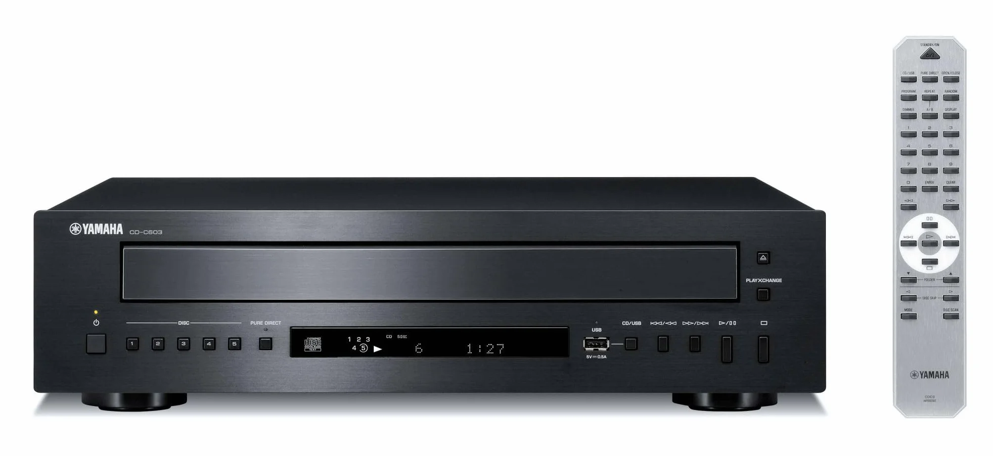 Yamaha CD-C603 CD-Player – 5-fach CD-Wechsler für verschiedene Formate – Mit Front-USB-Anschluss für digitale Wiedergabe und Fernbedienung – Schwarz