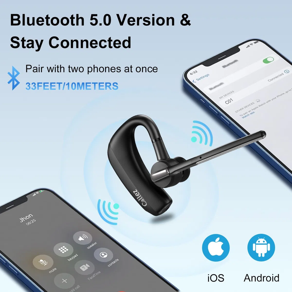 Callez Bluetooth Headset V5.0 Kabellos Kopfhörer Freisprech mit CVC8.0 Dual Mikrofon ENC Noise Cancelling für iPhone Samsung