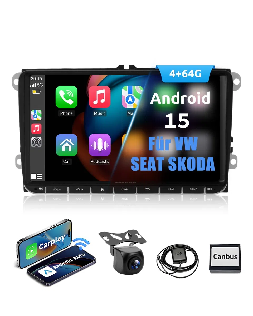 ESSGOO True 4+64G Wireless Autoradio, 9 Zoll Touchbildschirm mit Carplay Android Auto, Android 15 Car Radio für VW Golf 5 6 T5 Polo Passat Touran Tiguan Seat Skoda mit Bluetooth GPS AM FM RDS SWC