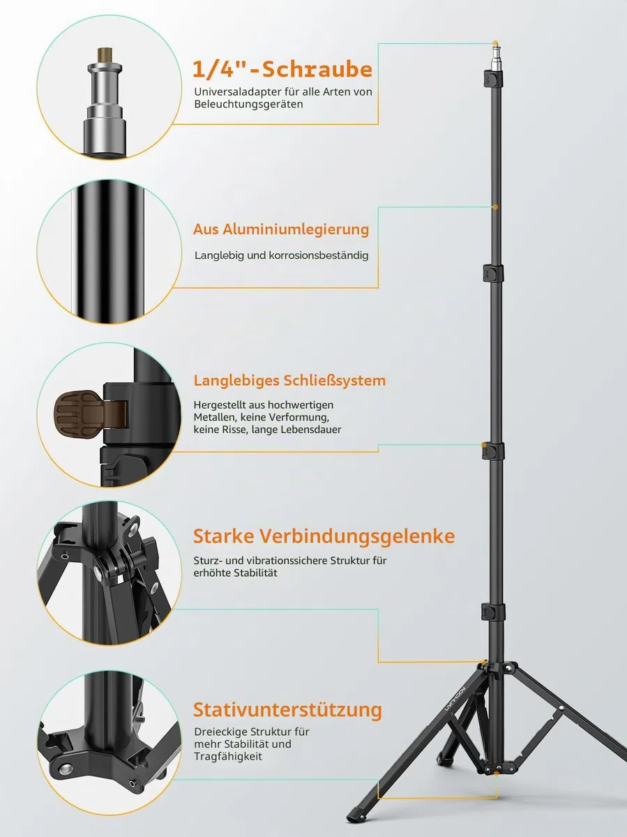 AOCHUAN Komplettes Kamerastativ für Smartphones, Kamera-Gimbal-Stabilisatoren, mit 0,44 m ~ 1,7 m Aluminium-Legierung, Beleuchtungsständer (T20), 1,7 m
